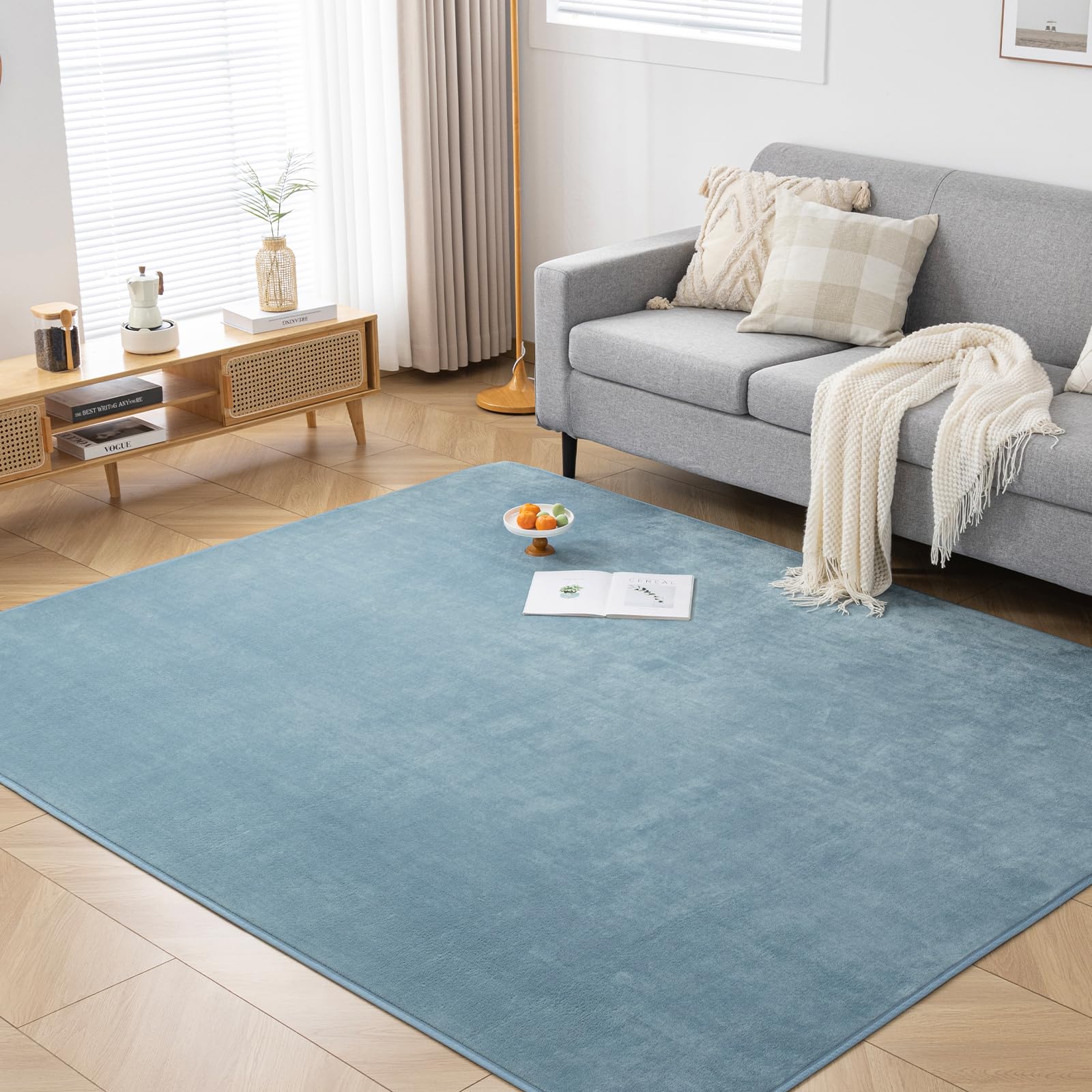 【送料無料】Keusnix ラグ カーペット ラグマット 洗える 滑り止め付 3畳 絨毯 防ダニ 抗菌 防臭 オールシーズン快適に使用 床暖房 ホットカーペット対応 ふわふわ肌触り フランネルラグ 200×250cm 無地 マリンブルー