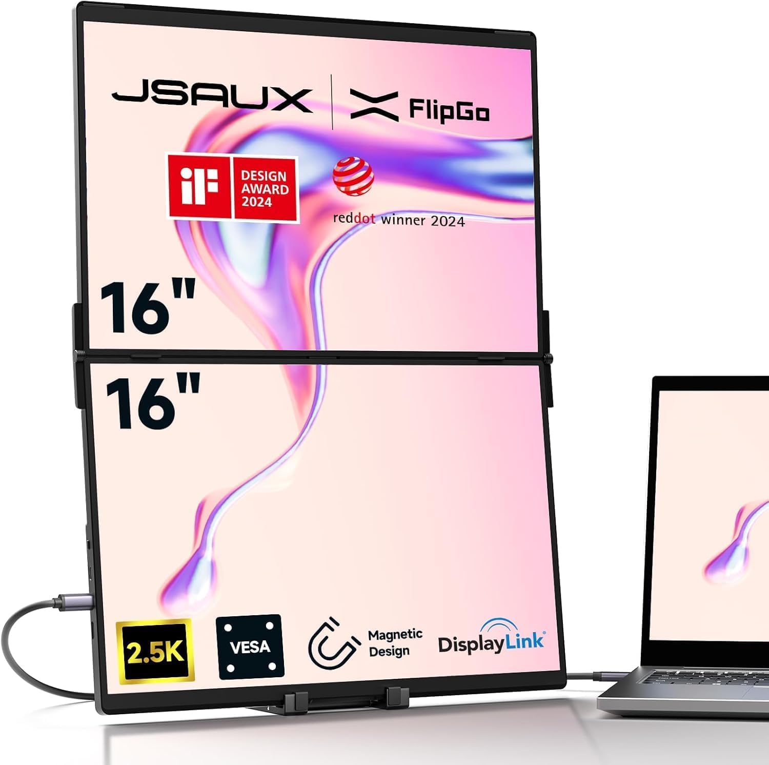 【送料無料】JSAUXポータブルモニタFlipGo Pro 16インチ2.5Kデュアルモニタノートパソコン用スクリーンエクステンダ、IPS 60HzスタックフォールディングトリプルモニタMacBook用、Mac/Windows/PC/Linux対応、マグネットデザイン＆VESAマウント可能（充電器なし）