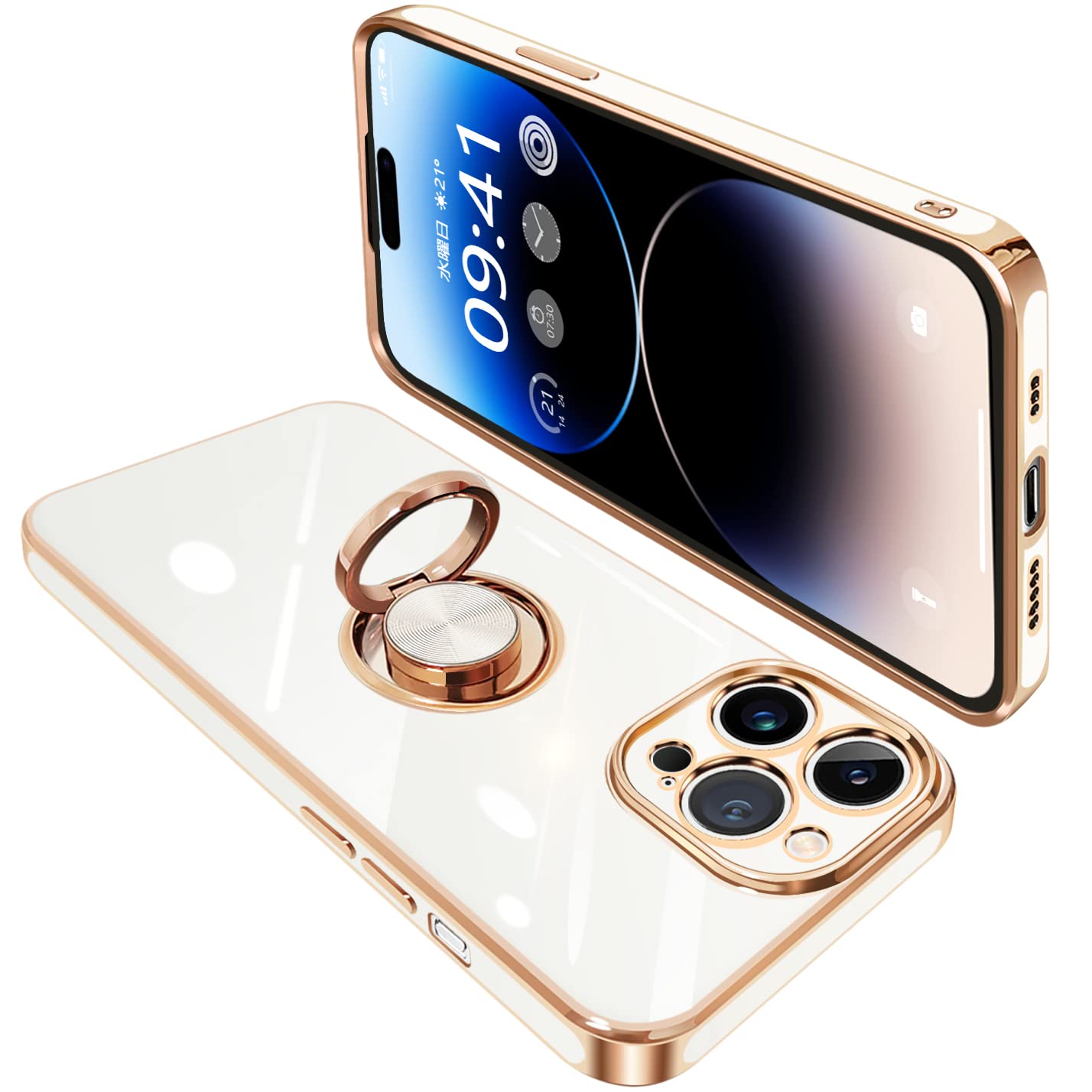 【送料無料】iPhone14 Pro Max ケース リング付き アイフォン14ProMax リング カバー 耐衝撃 TPU 360°回転 スタンド機能 メッキ加工 車載ホルダー ストラップホール付き 6.7インチ（ホワイト）