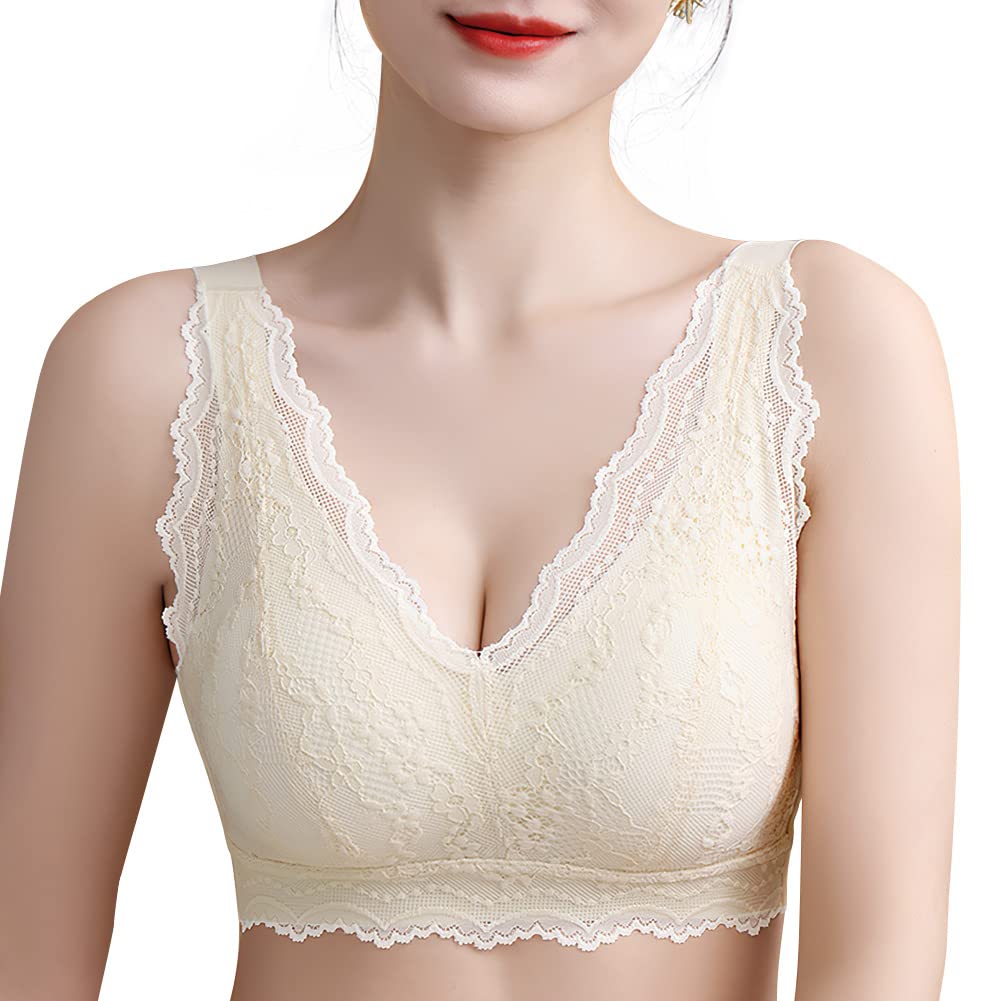 【送料無料】[Allanve] ナイトブラ 夜用ブラ【2024最着るだけ美胸メイク・違和感ゼロ・サポート感】【ノンワイヤー・脇高設計】ブラジャー 夜のバストケア 無縫製 レース 美胸 締付け感なし 通気性 苦しくない 寝っている間のバストをサポート (M, ベージュ)