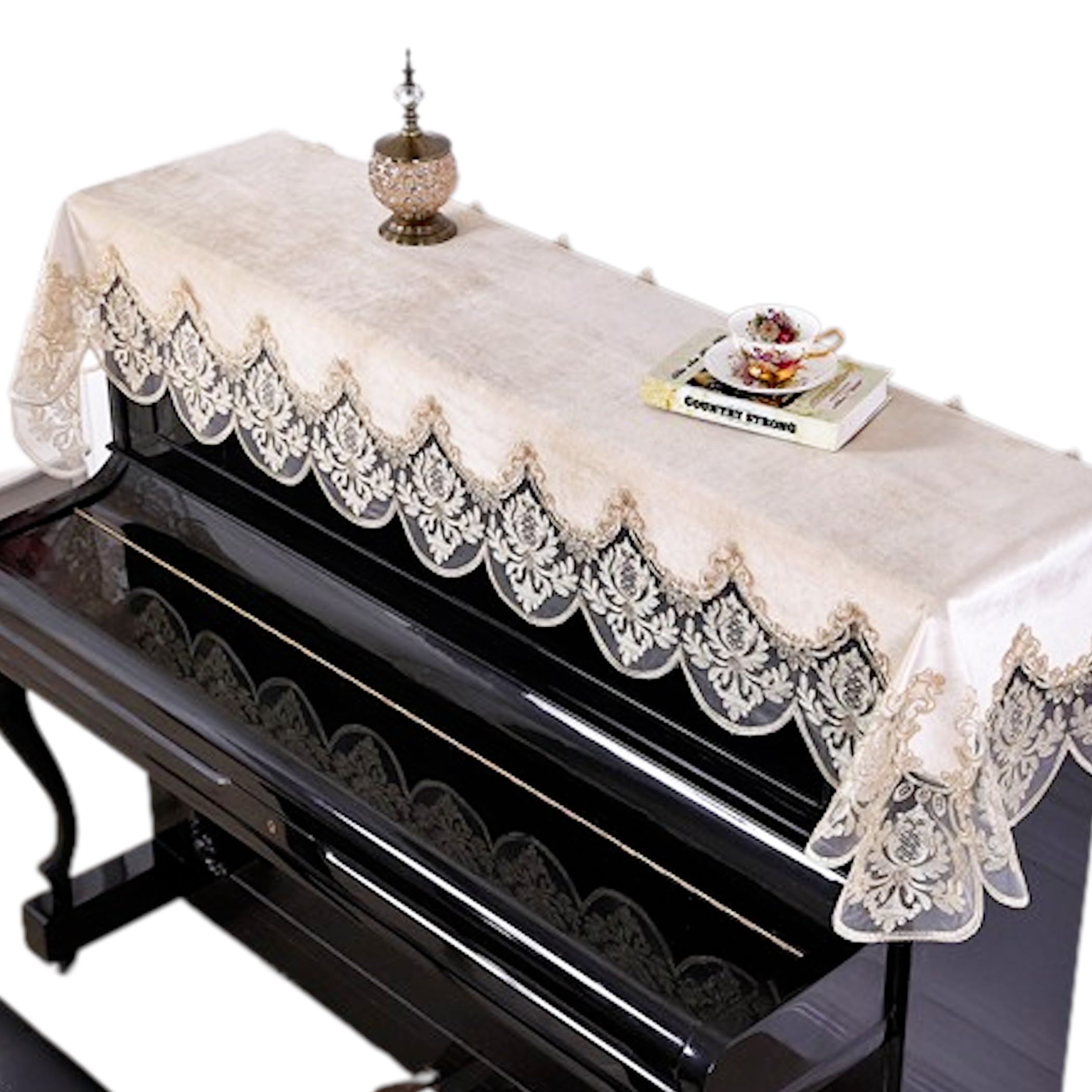 【送料無料】Lezalic ピアノトップカバー (ベージュ) アップライト 刺繍 上品 レース柄 ベロア 電子ピアノ デジタルピアノ 防塵カバー (ベージュ)