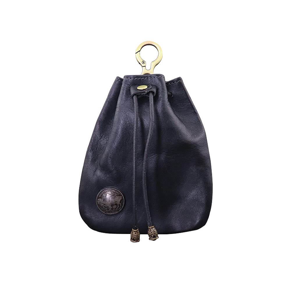 【送料無料】Whatna 鞣し革 牛革 小銭入れ コインケース メンズ レディース カラビナ付き 本革 財布 巾着袋 ミニジュエリーボック イヤホン収納ケース 本 革 防 水 SG632 (黒)