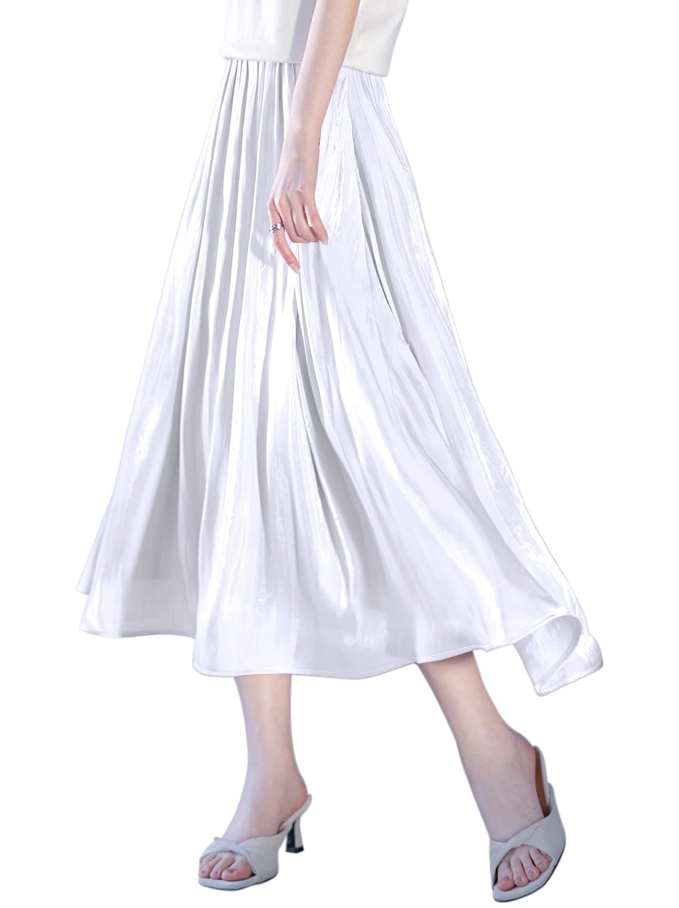 【送料無料】[Euyqs] 光沢シアスカート ロングスカート 無地フレアスカート エアリーボリュームスカー..