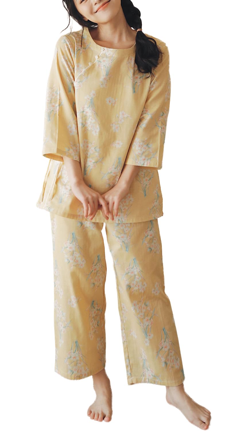 【送料無料】[Euyqs] レディース 綿 パジャマ ルームウェア (JP, アルファベット, M, スイセンイェロー)