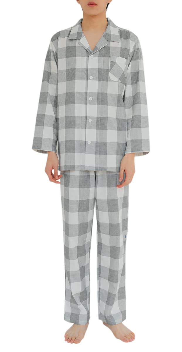 【送料無料】[Euyqs] メンズ パジャマ 綿 二重ガーゼ ルームウェア ペア 夫婦 (XXL, 大きい チェック柄・ブラック/メンズ)