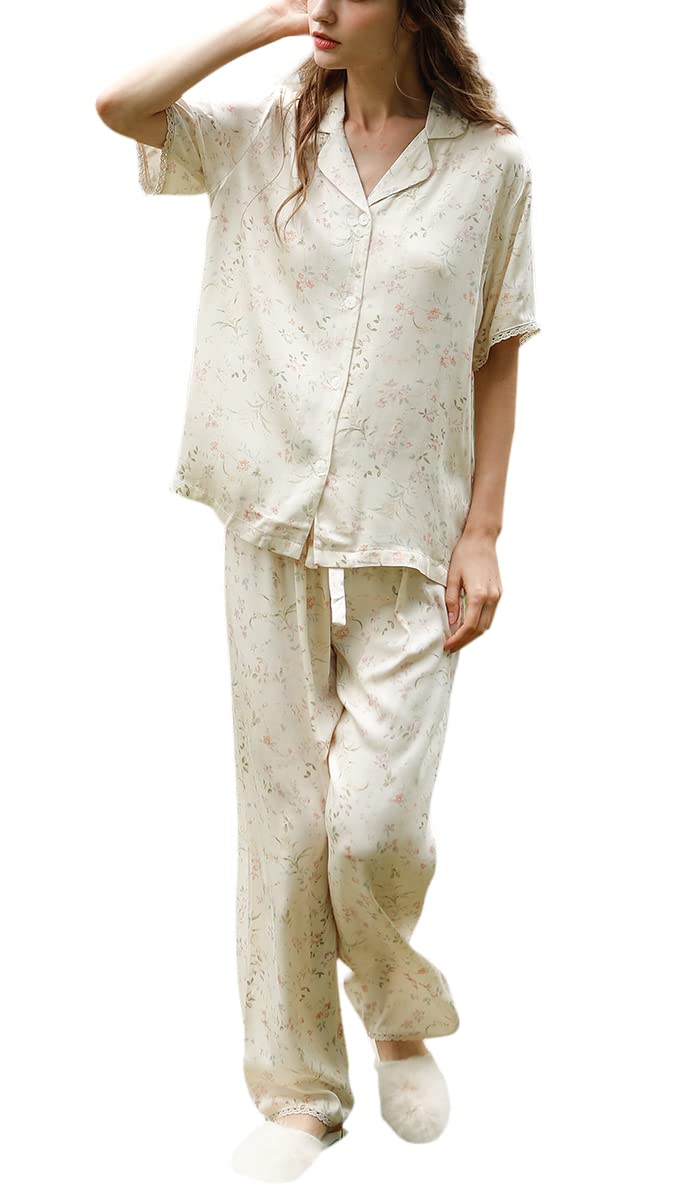 【送料無料】[Euyqs] パジャマ レーヨンサテン レディース ルームウェア 上下セット 半袖トップパンツ (花柄, XL)