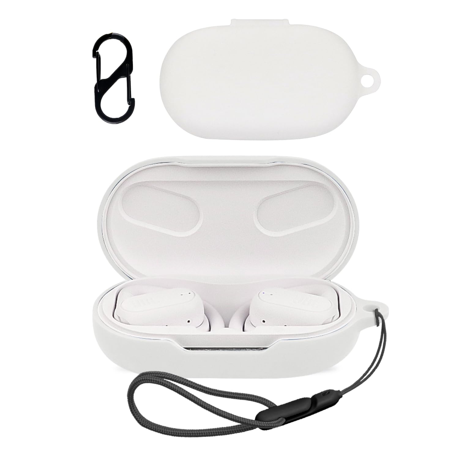 【送料無料】JBL SOUNDGEAR SENSE 用 ケース カバー 【NOUKAJU】 ワイヤレス イヤーホン シリコン 保護ケース （カラビナ付き+ストラップ付き ） 落下防止 キズ防止 耐衝撃 装着充電可能 防水 防塵 (ホワイト)