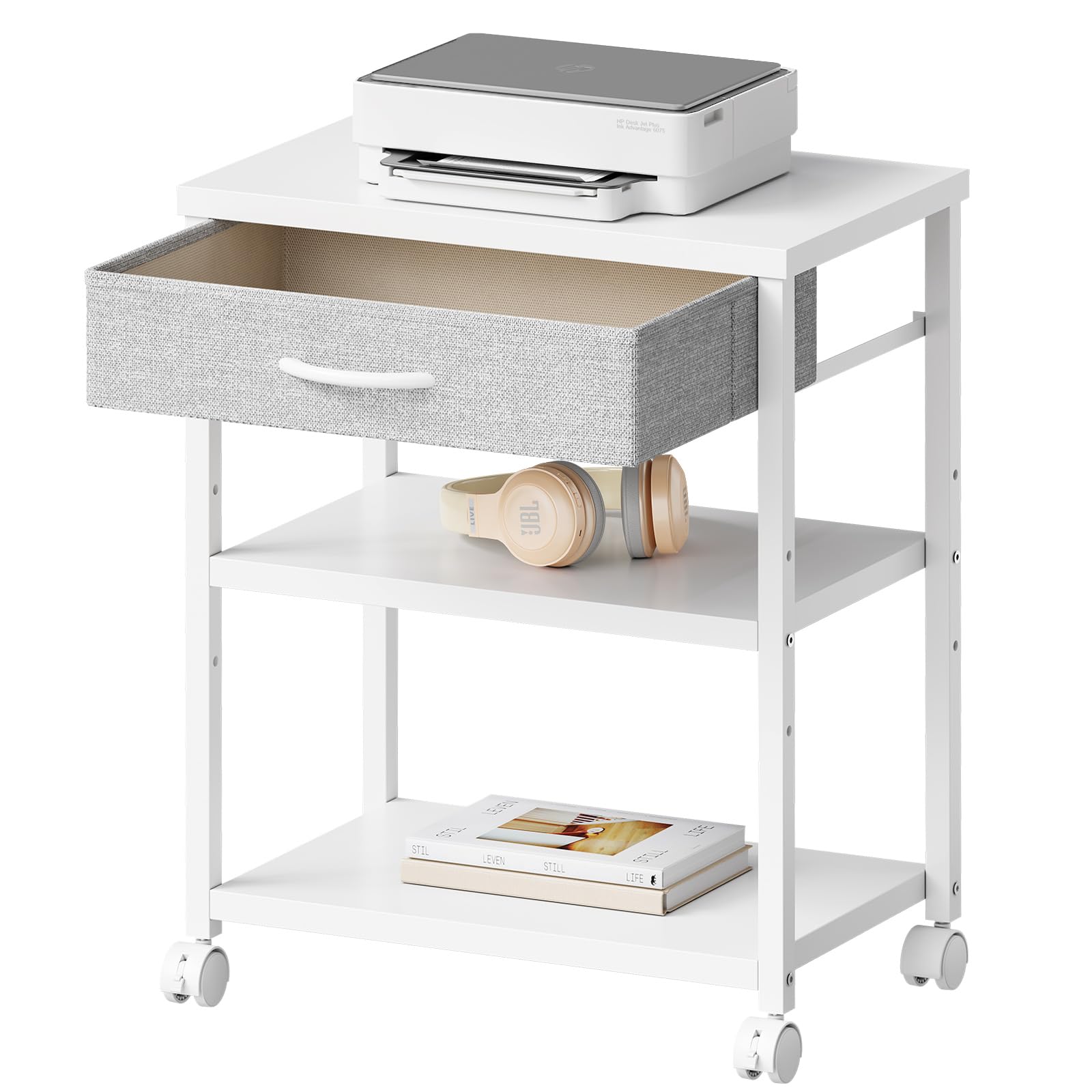 【送料無料】Maihail サイドテーブル ワゴン キャスター付き パソコンラック サイドワゴン プリンター台 デスクワゴン 板は調節可能 袖机 PC本体収納 幅48x奥行30x高さ60cm 白い