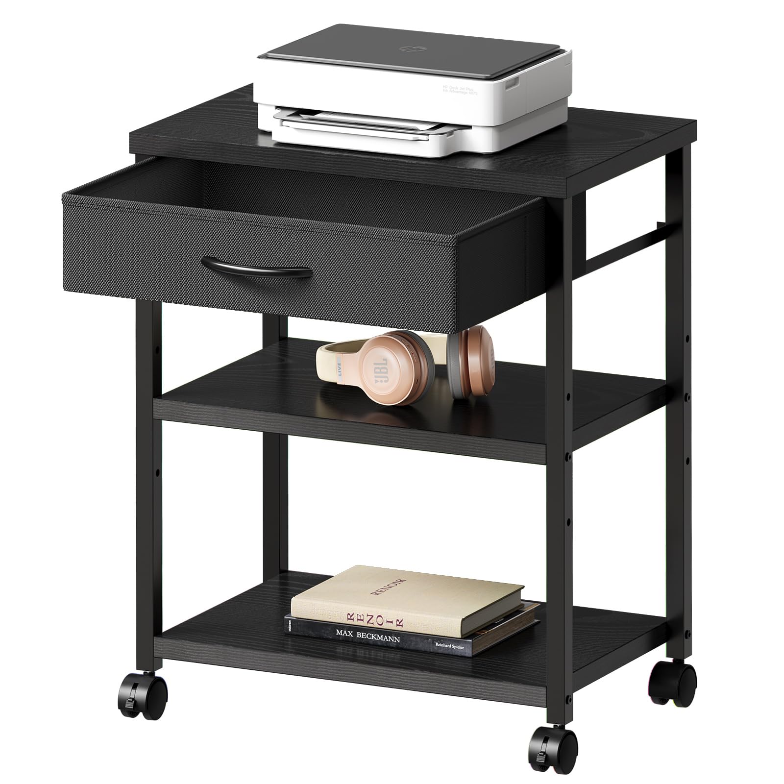 【送料無料】Maihail サイドテーブル ワゴン キャスター付き パソコンラック サイドワゴン プリンター台 板は調節可能 袖机 PC本体収納 幅48x奥行30x高さ60cm 黒い