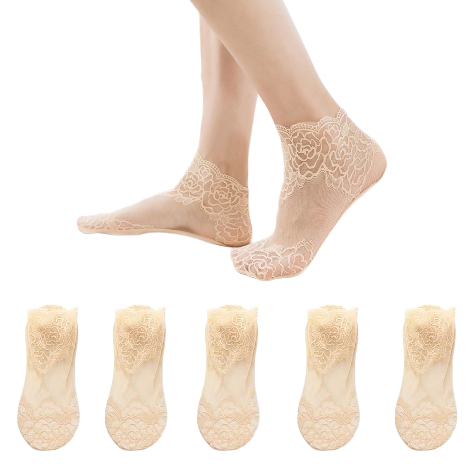 【送料無料】[nalaina] レディース 靴下 レースソックス (5足セット) 靴下シースルー レディースソックス 透け 綿 薄手 通気性 吸汗速乾 抗菌防臭 滑り止め 通勤 かわいい 花柄 春夏用 肌色