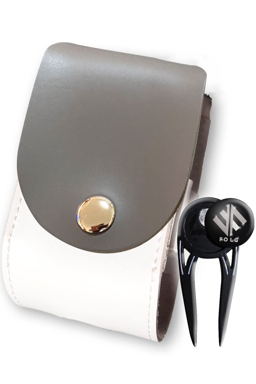 【送料無料】FOLG ゴルフボールケース グリーンフォーク マーカー セット 【ベルトに簡単取付】 ボール2個収納 PUレザー (グレー グリーンフォークセット...