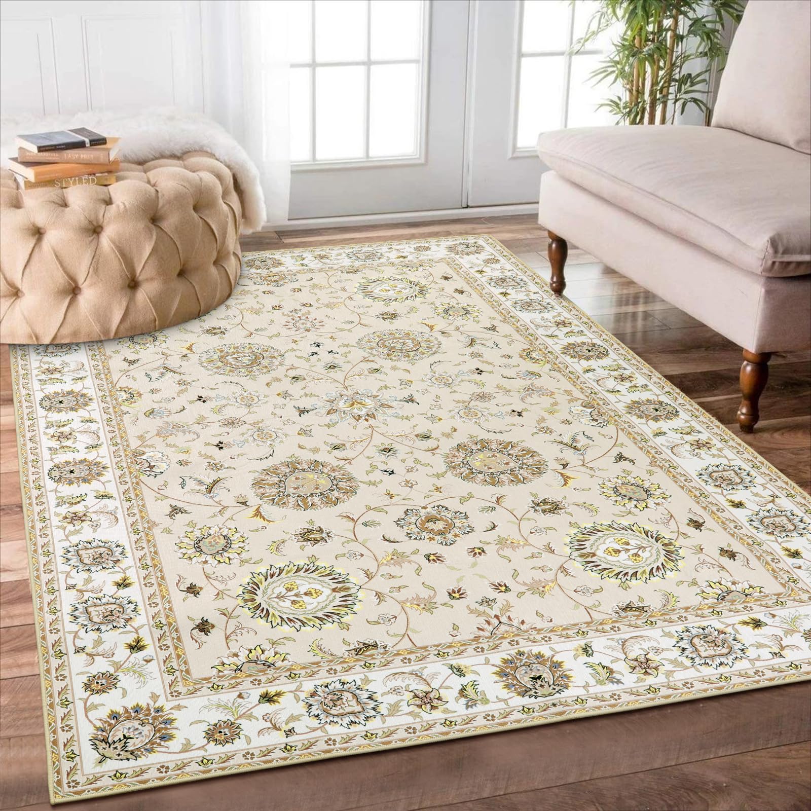 【送料無料】HAOCOO カーペット ペルシャ絨毯風 おしゃれ 洗える ラグ 120х160cm 長方形 耐磨耗性 滑り止め ホットカーペット対応 防音 室内用 ラグマット シェニール オールシーズン適用 抗菌防臭 軽量 ベージュ
