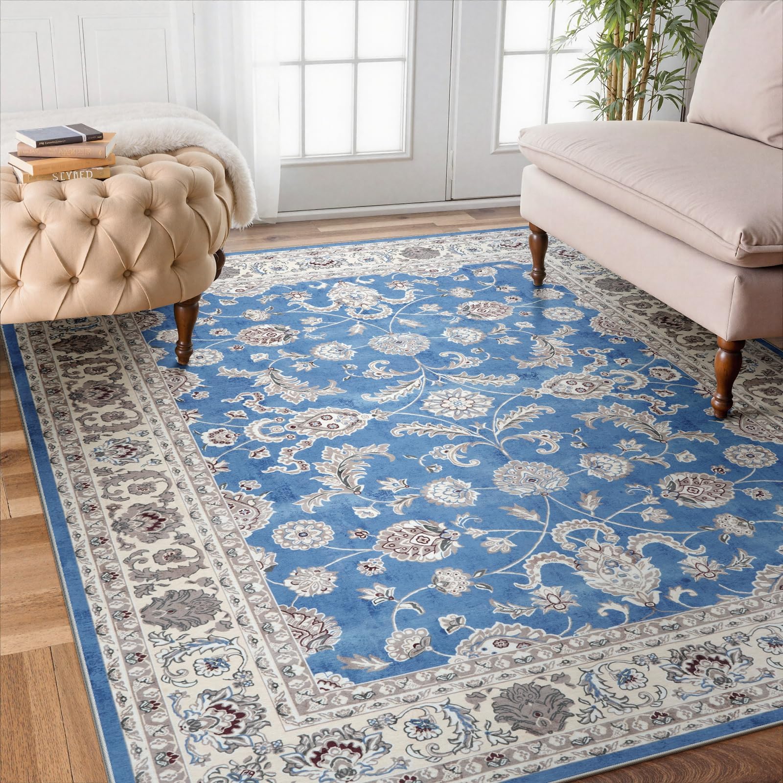【送料無料】HAOCOO カーペット 2畳 185х185cm 正方形 ペルシャ絨毯風 おしゃれ 洗える ラグ 耐磨耗性 滑り止め ホットカーペット対応 防音 室内用 ラグマット シェニール オールシーズン適用 抗菌防臭 花柄 ライトブルー