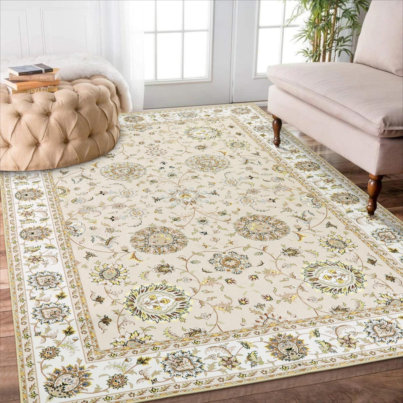 【送料無料】HAOCOO カーペット ペルシャ絨毯風 おしゃれ 洗える ラグ 130х190cm 長方形 耐磨耗性 滑り止め ホットカーペット対応 防音 室内用 ラグマット シェニール オールシーズン適用 抗菌防臭 軽量 ベージュ