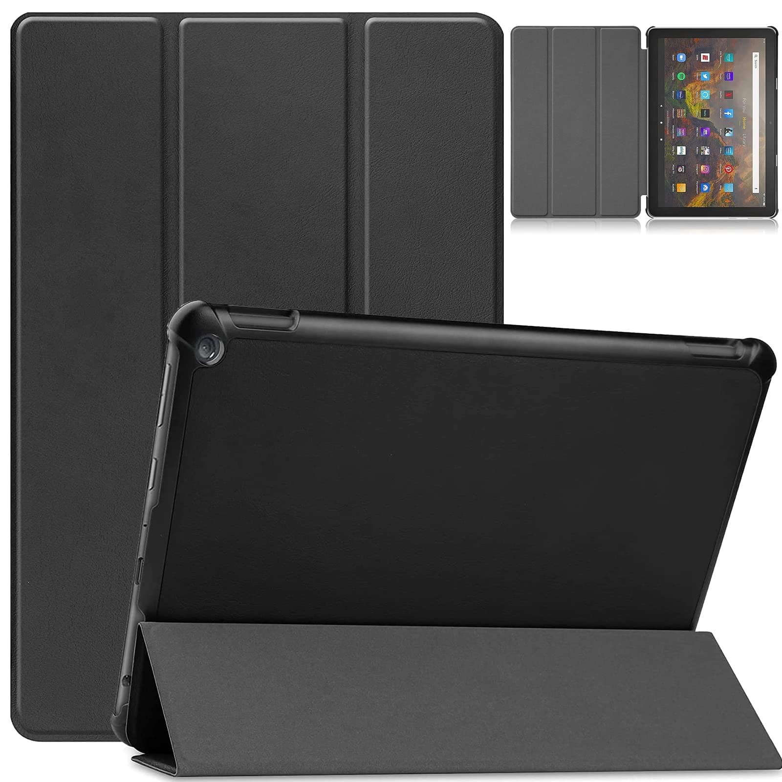 【送料無料】対応 Fire HD 10 Plus/HD 10 2021 用のケース タブレット ケース 新型 対応 Fire HD 10 Plus 用のカバー スタンド機能付き 保護ケース 三つ折 マグレット開閉式 薄型 超軽量 全面保護型 対応 Fire HD 10 2021 用のスマートケース PCduoduo (黒)