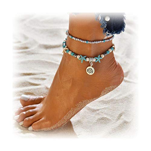 【送料無料】Lucbuyボヘミアン足首、足首のブレスレット、青と白の多層グラマービーチ砂手作りアンクレット足女性らしい女の子の贈り物、デート/パーティー/卒業/ショッピング/ビーチに適して