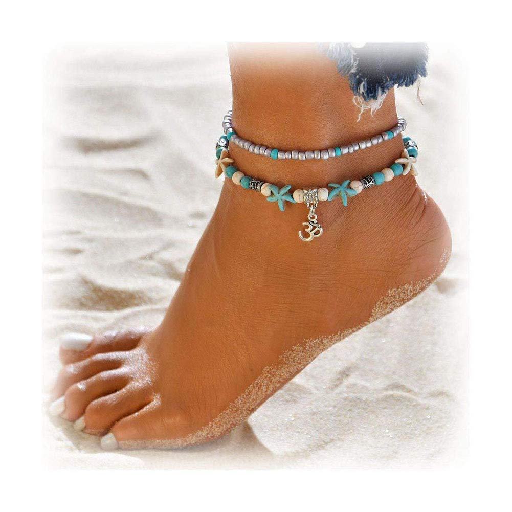 【送料無料】Lucbuyボヘミアン足首、足首のブレスレット、青と白の多層グラマービーチ砂手作りアンクレット足女性らしい女の子の贈り物、デート/パーティー/卒業/ショッピング/ビーチに適して