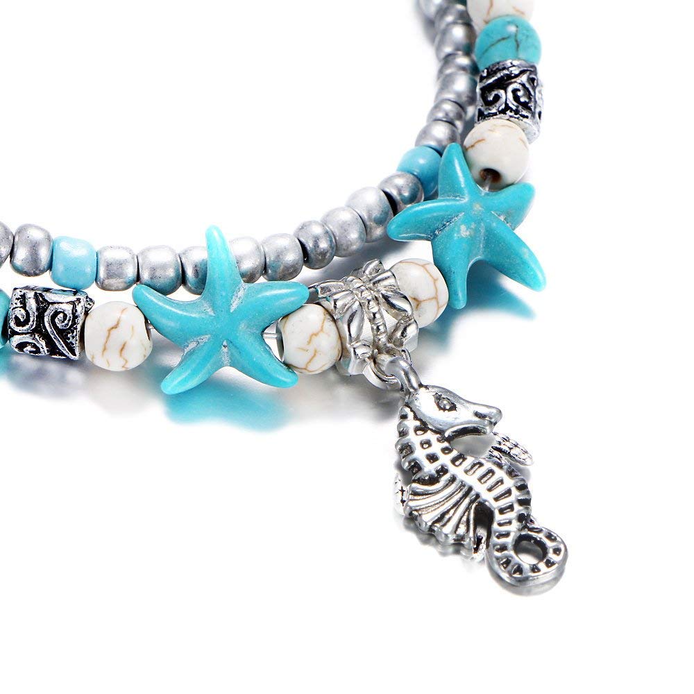 【送料無料】Lucbuyボヘミアン足首、足首のブレスレット、青と白の多層グラマービーチ砂手作りアンクレット足女性らしい女の子の贈り物、デート/パーティー/卒業/ショッピング/ビーチに適して