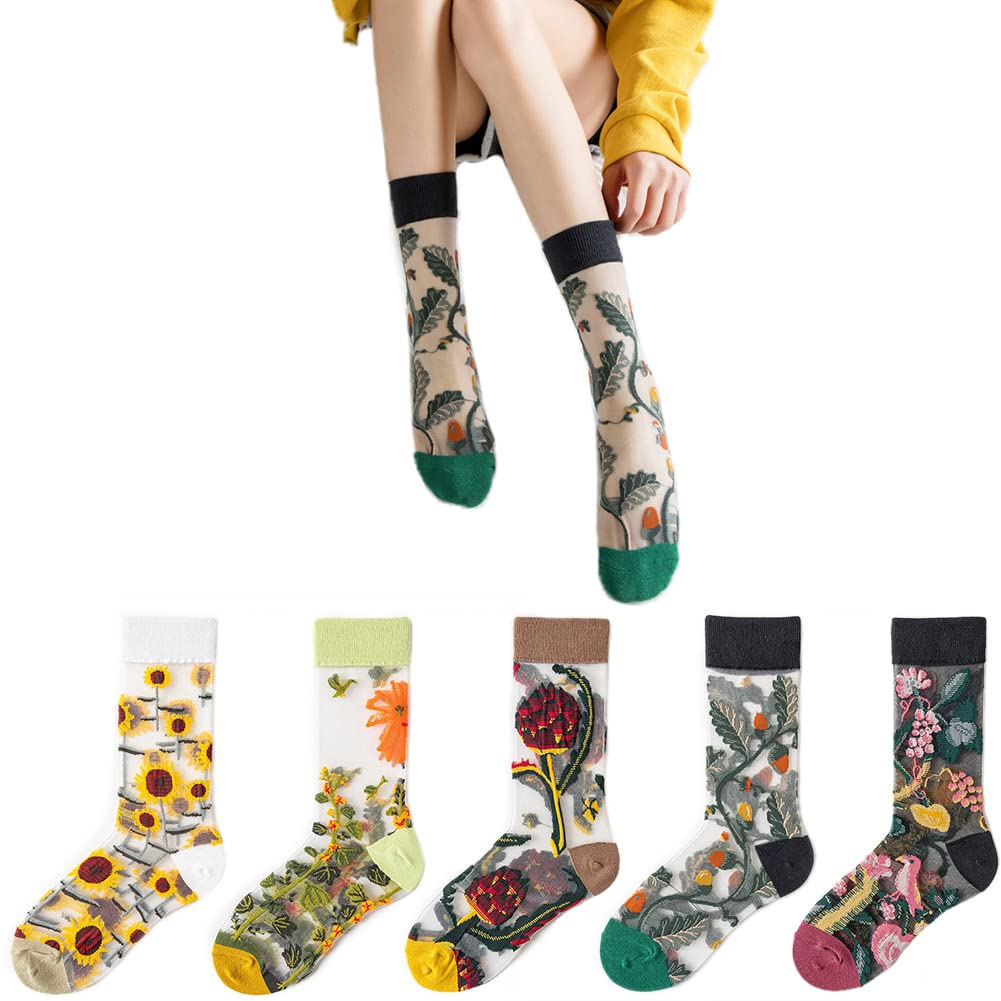 【送料無料】[WETURAST] 靴下 レディース シースルーソックス チュール 花柄靴下 レース 刺繍 透明 薄手 女性用 くつした かわいい お洒落 靴下 ソックス 春夏用 綿底 通気性 爽やか 防臭 蒸れない 通学通勤 5足混色セット