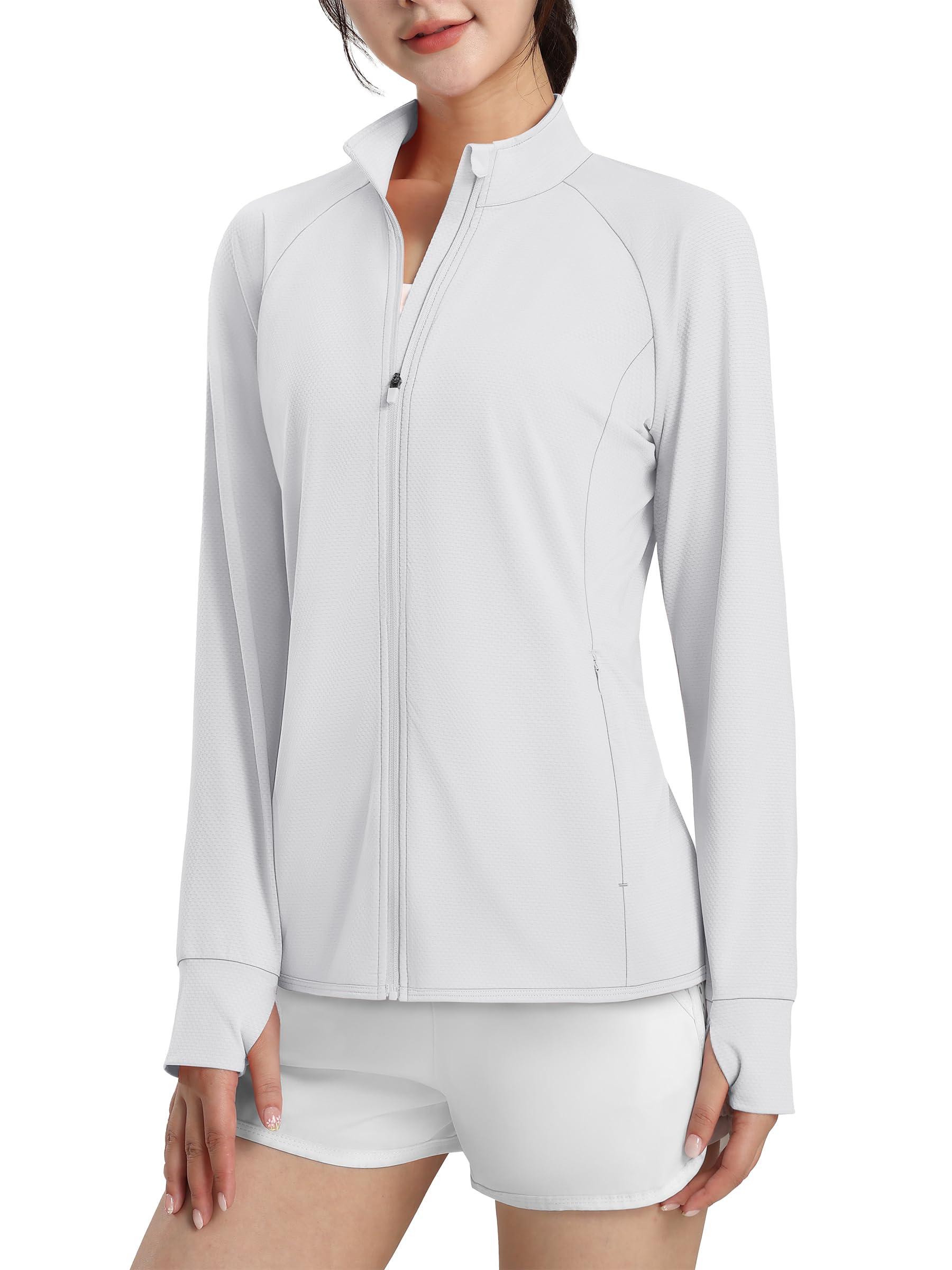 【送料無料】[KEFITEVD] ラッシュパーカー レディース uvカット 長袖tシャツ 大きいサイズ 速乾 紫外線対策 指穴付き ゴルフ トレーニング ランニングウェア 立ち襟 ホワイト 2XL