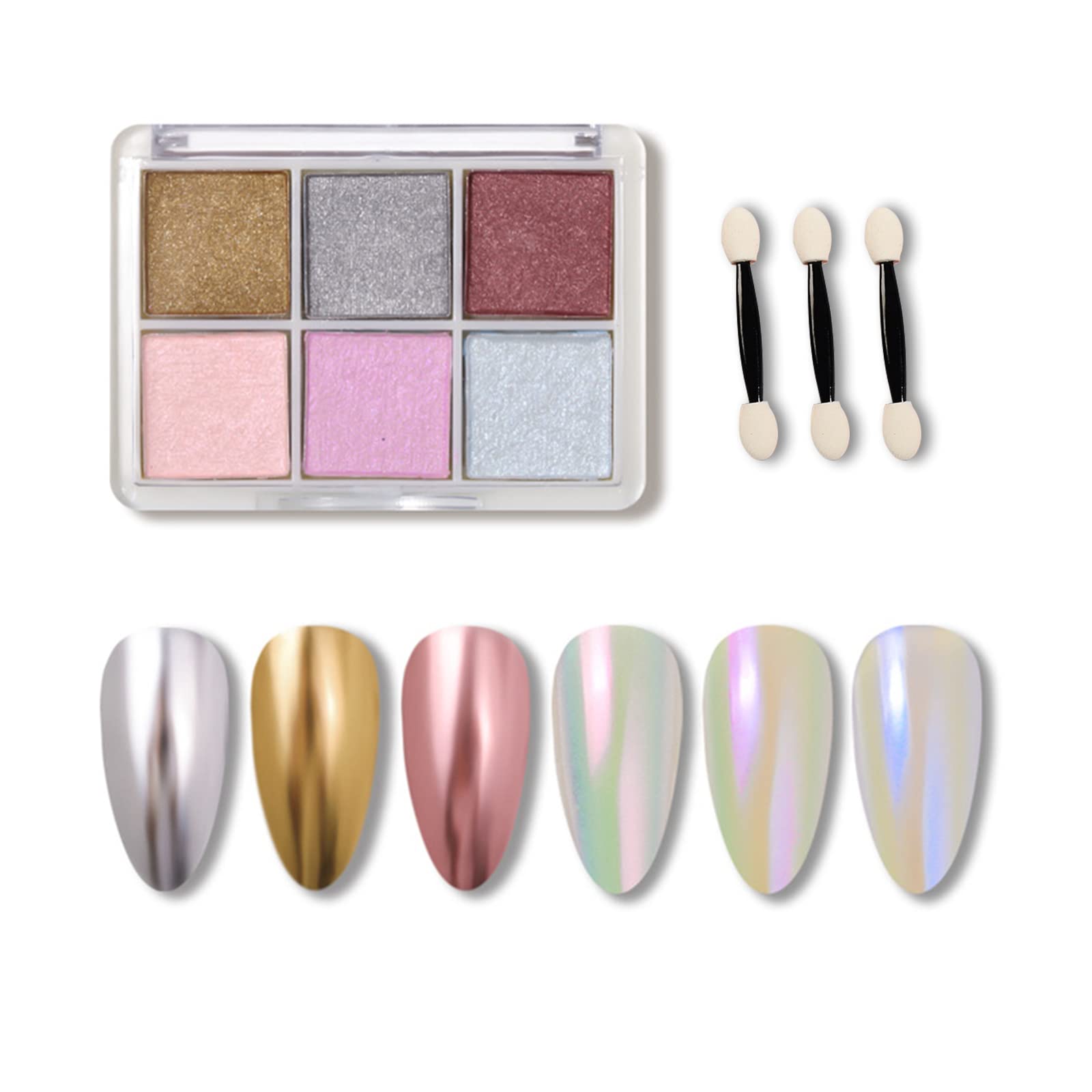 【送料無料】ALLMIRA オーロラパウダー ネイル 固形 6色パレット ネイルパウダー ジェルネイル カラー ネイルパーツ 自宅DIY 細 スポンジチップ付き (05)