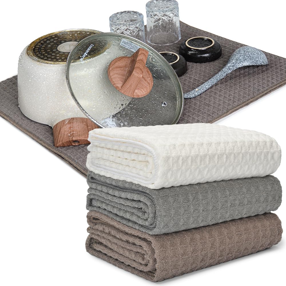 【送料無料】KYOSAMA 水切りタオル ティータオル 大判80*50cm 吸水 速乾 クロス 食器/お皿/ 鍋拭き （グレー1枚コーヒー1枚ホワイト1枚）