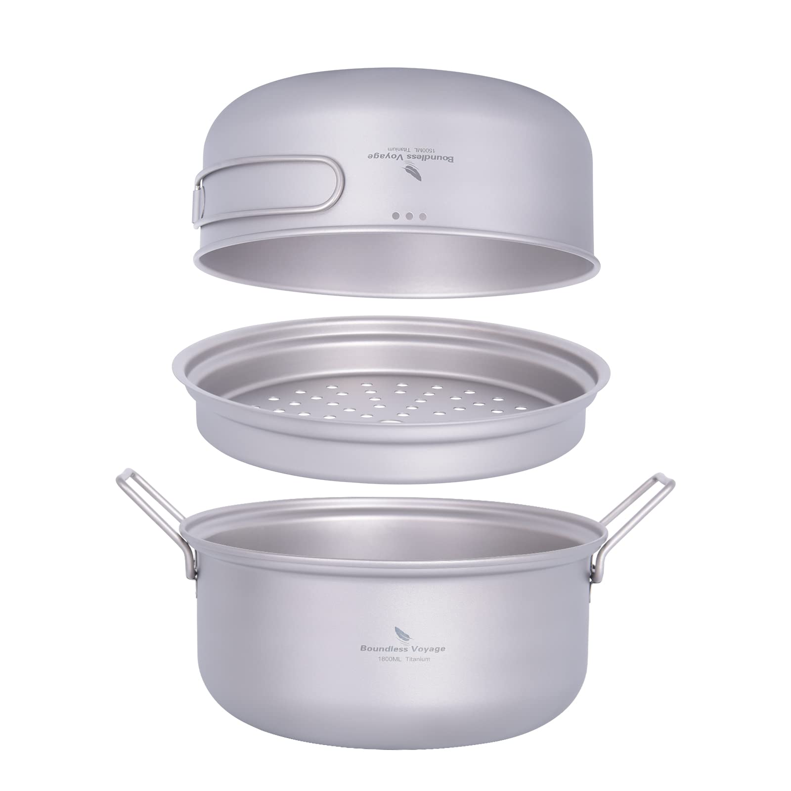 楽天COCO 生活便利グッズ【送料無料】Boundless Voyage チタン クッカーセット アウトドア鍋 フライパン 蒸し器付き 軽量 大容量 1500ml+1800ml コッへル・クッカーセット 万能 炒めも可能 登山用鍋 キャンプ用品 アウトドア調理器具 3−4人に適応 パーソナルクッカーセット 収納袋付き （Ti2102