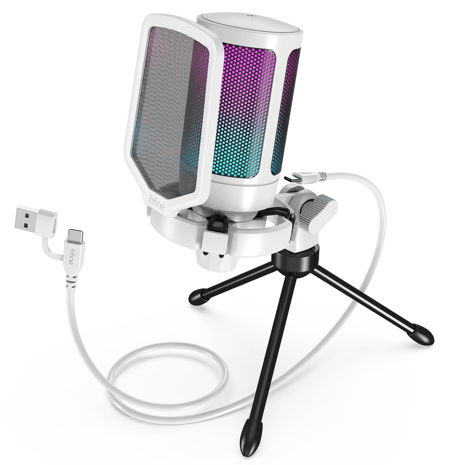 【送料無料】FIFINE USB コンデンサーマイク RGBライティング カーディオイド指向性 プラグ＆プレイ パソコン/プレステマイク USB-C→Aケーブル付き ワンタッチミュート YouTube Skype Discord Zoom 録音 ゲーム実況 ボイズチャット ライブ配信 テレワーク web会議に最適