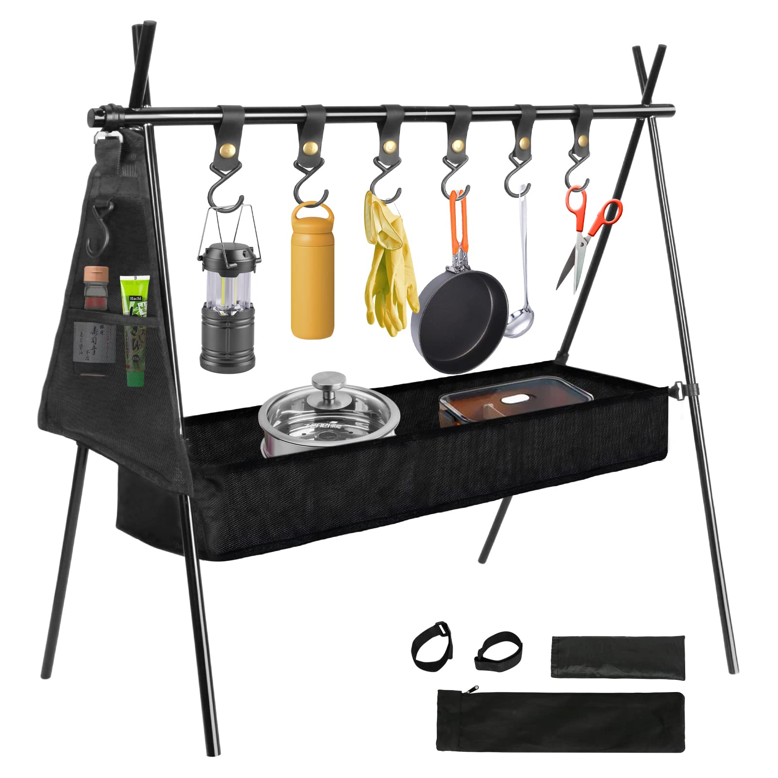 【送料無料】LAMPTOP ハンギングラック ランタンスタンド 6つレザーフック 食器収納袋＆物干しネット＆専用収納袋付き アルミ合金 軽量 コンパクト 【日本語取扱説明書付き】 折り畳み 組立簡単 ランタンハンガー キャンプ 物干し キャンプギア L