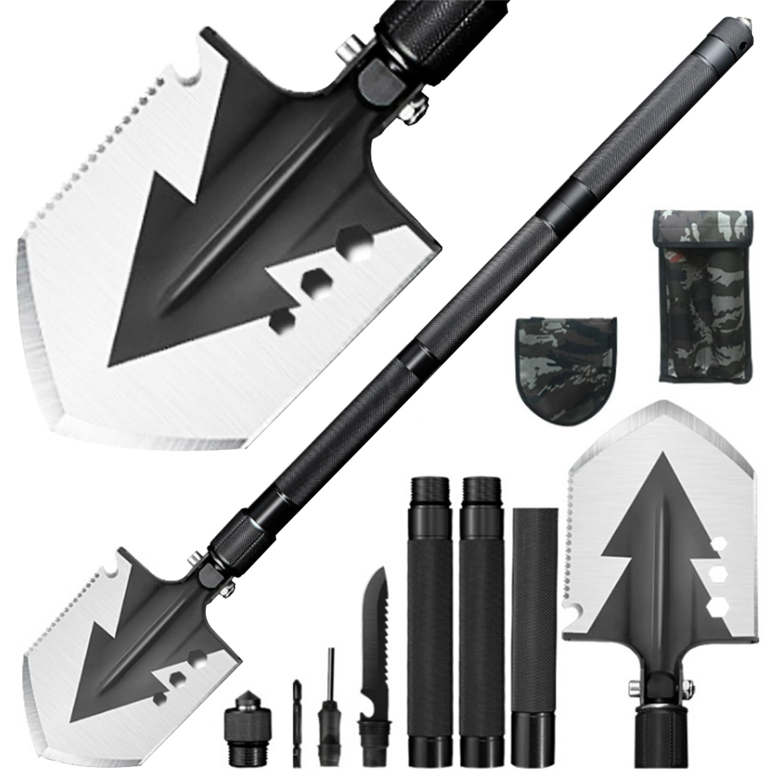 【送料無料】Azarxis シャベル スコップ 多機能シャベル 折りたたみ ハンドル三段式 携行便利 キャンプ 雪かき 園芸 土掘り 草刈り サバゲ- 防災用品 (三段式)