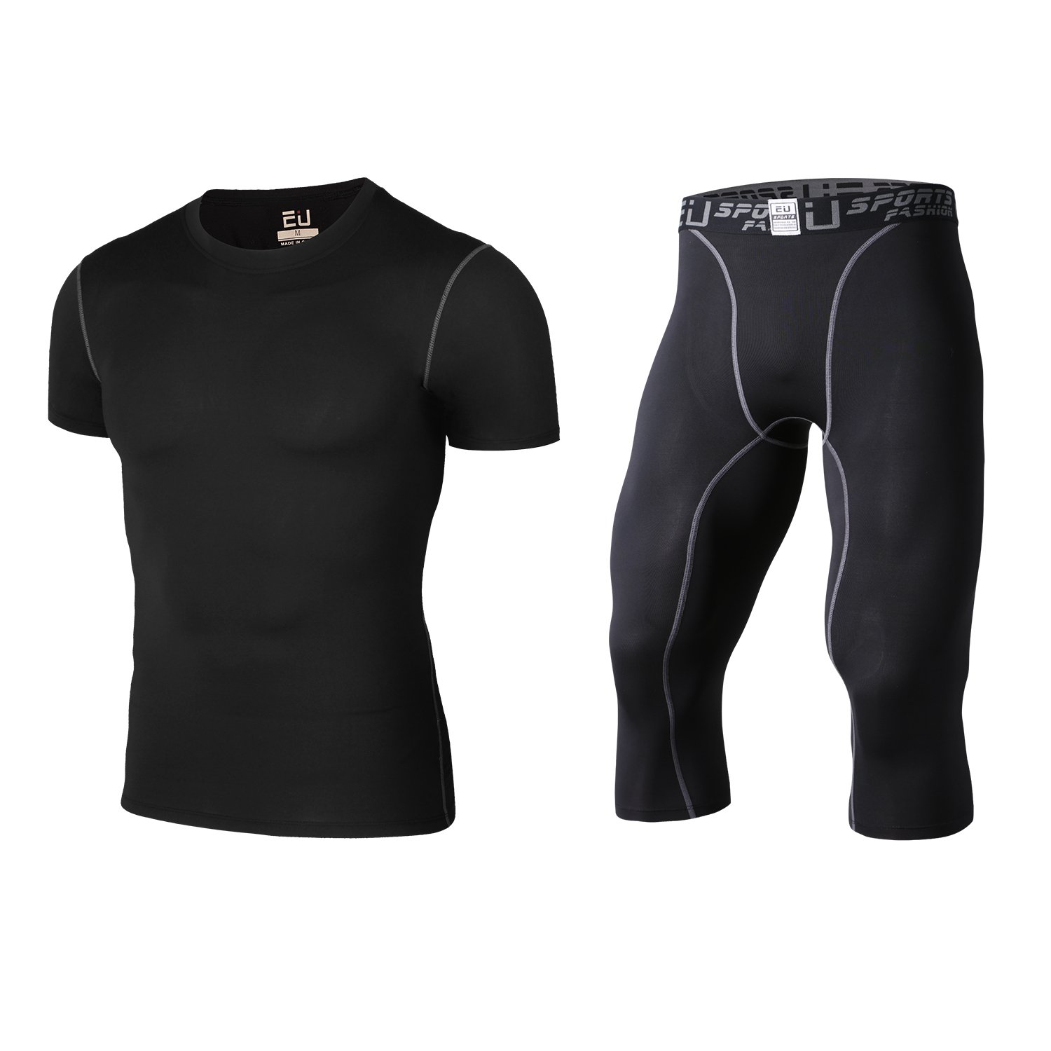 【送料無料】[Sillictor] コンプレッション ウェア 上下 セット メンズ 半袖 シャツ ＋ 七分丈 パンツ [加圧通気 + 吸汗速乾] ブラック 321+3327blk-3XL