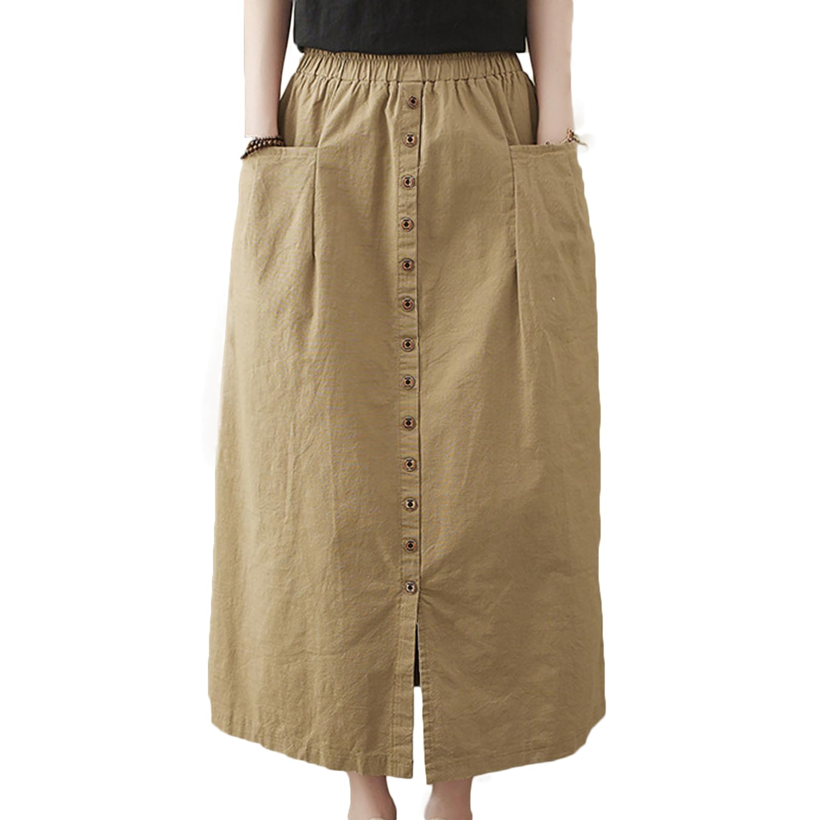 【送料無料】[Blostirno] スカート レディース ゴム ロングスカート 綿麻 Aライン ハイウエスト ポケッ..