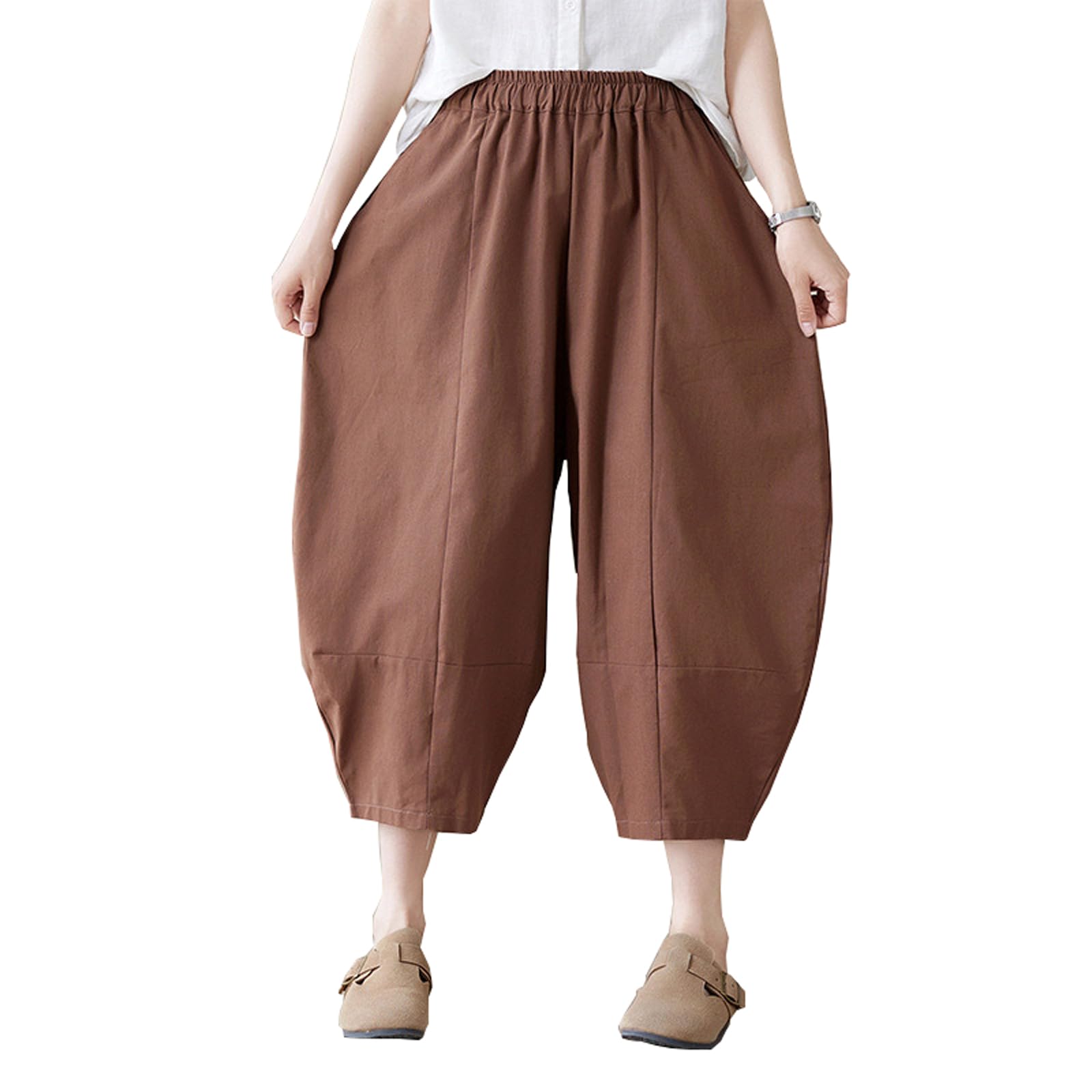 【送料無料】[Blostirno] サルエルパンツ レディース 夏 7分丈 リネンパンツ ガウチョ ゆったり ワイドパンツ 綿麻 着痩せ シルエット(JP0106CO-L)