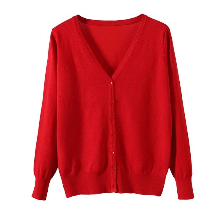 【送料無料】[Blostirno] Vネックカーディガン レディース 長袖 ニット 無地 きれいめ レッド（JK0822r..