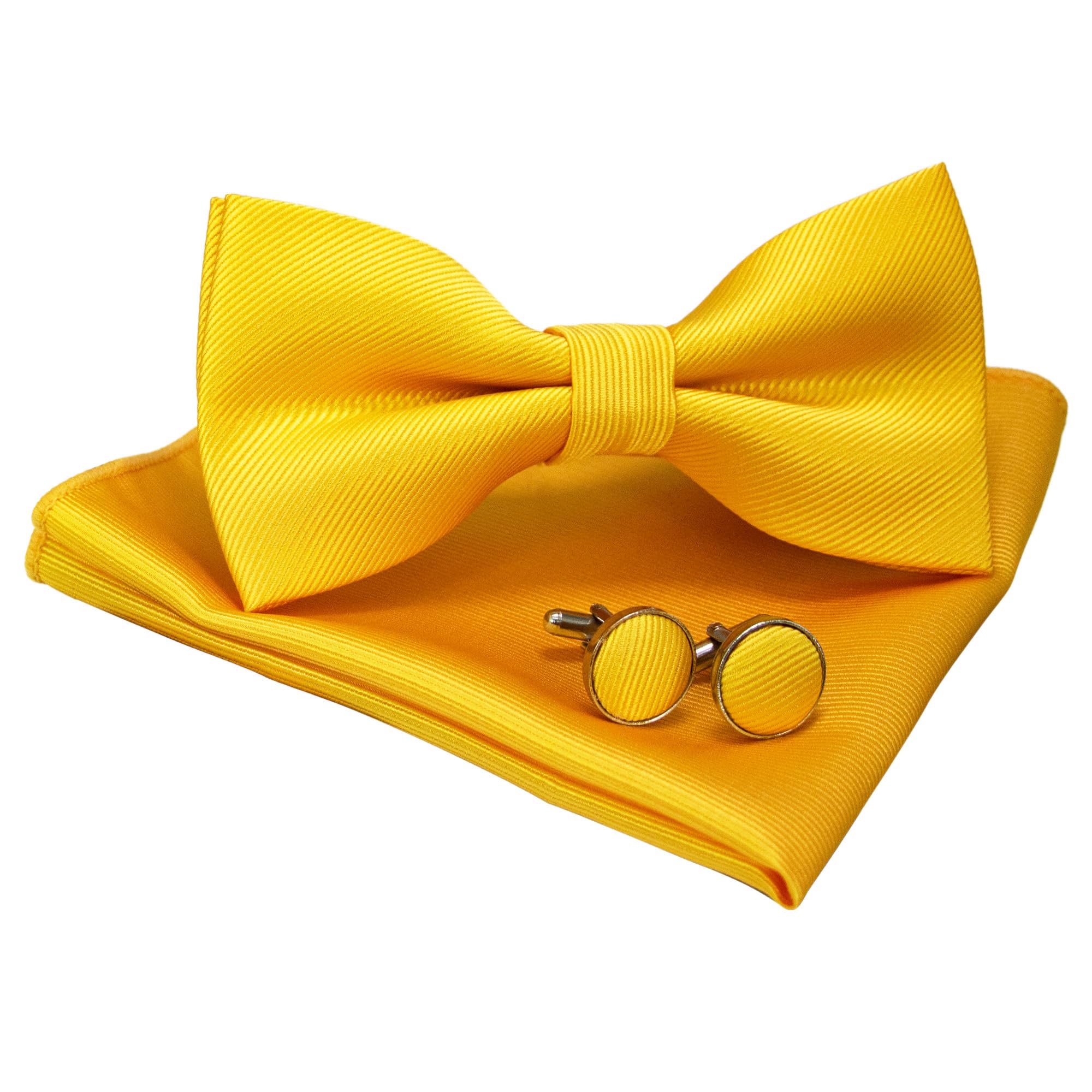 【送料無料】[JEMYGINS] 無地蝶ネクタイとポケットチーフ カフスボタン付き メンズ 明るい黄色 2