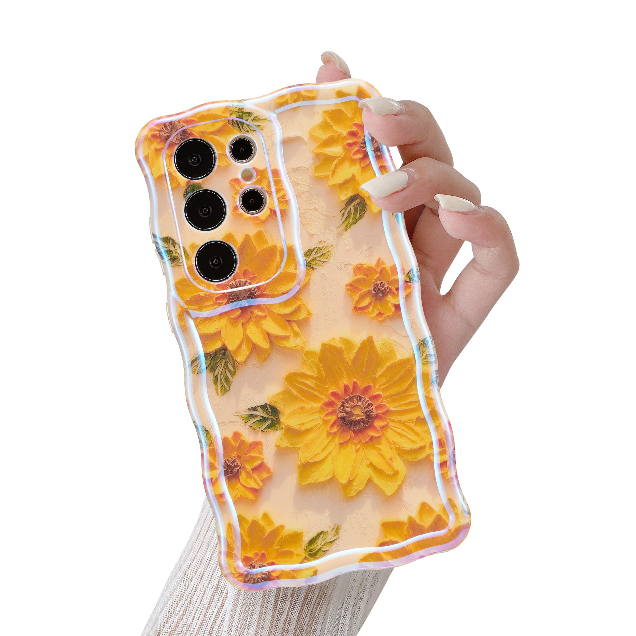 【送料無料】QLTYPRI Galaxy S24 Ultra ケース ギャラクシーS24 Ultra ケース SC-52E SCG27 TPU カバー ウェーブ おしゃれ 韓国 可愛い 花柄 薄型 軽量 耐衝撃 スマホケース ワイヤレス充電対応 ストラップホール付き - イエロー