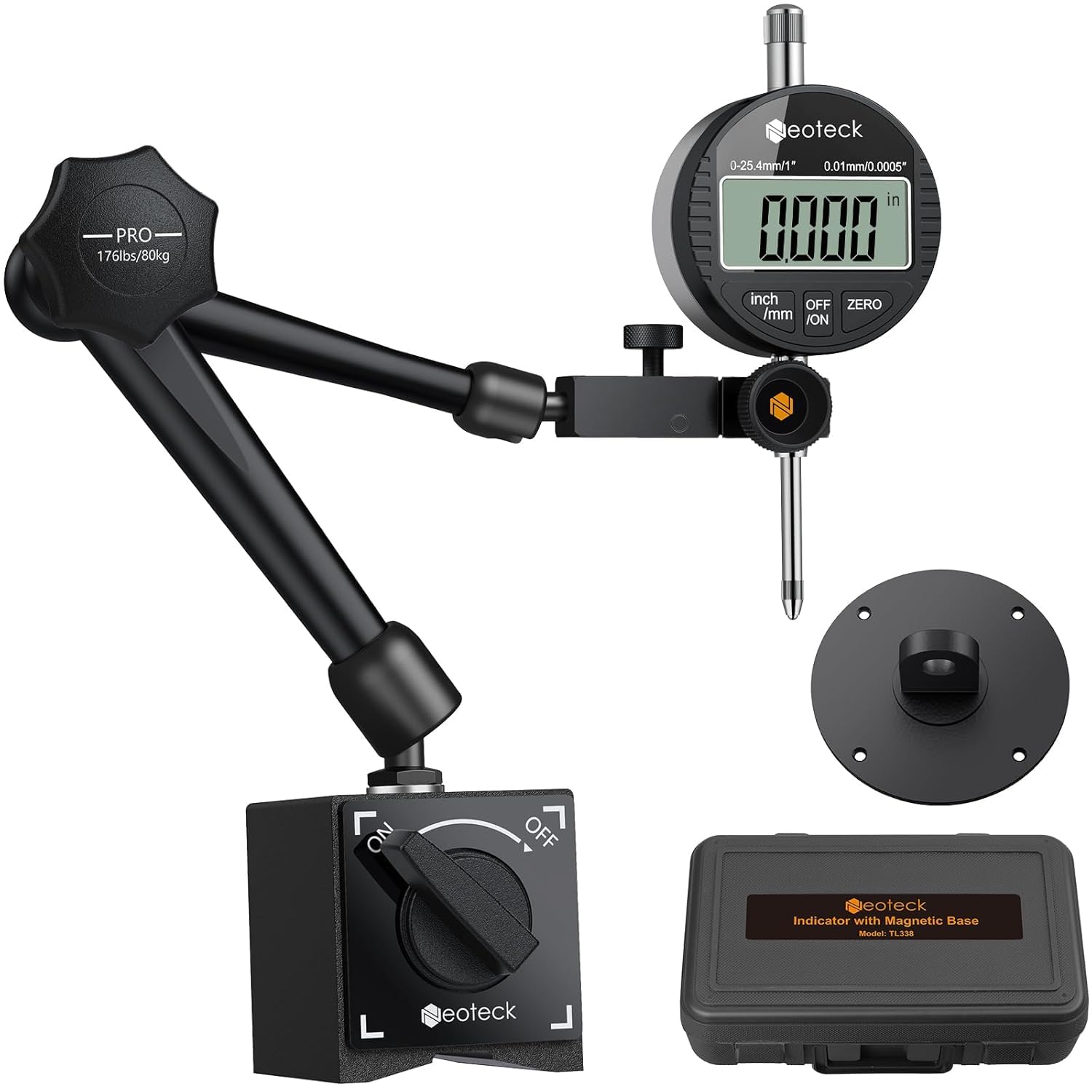 【送料無料】Neoteck デジタルダイヤルゲージ マグネットベース セット 精度0.01 mm 測定範囲0~25.4mm レバレッジ用 フレキシブル磁気ベース 自動オフでき