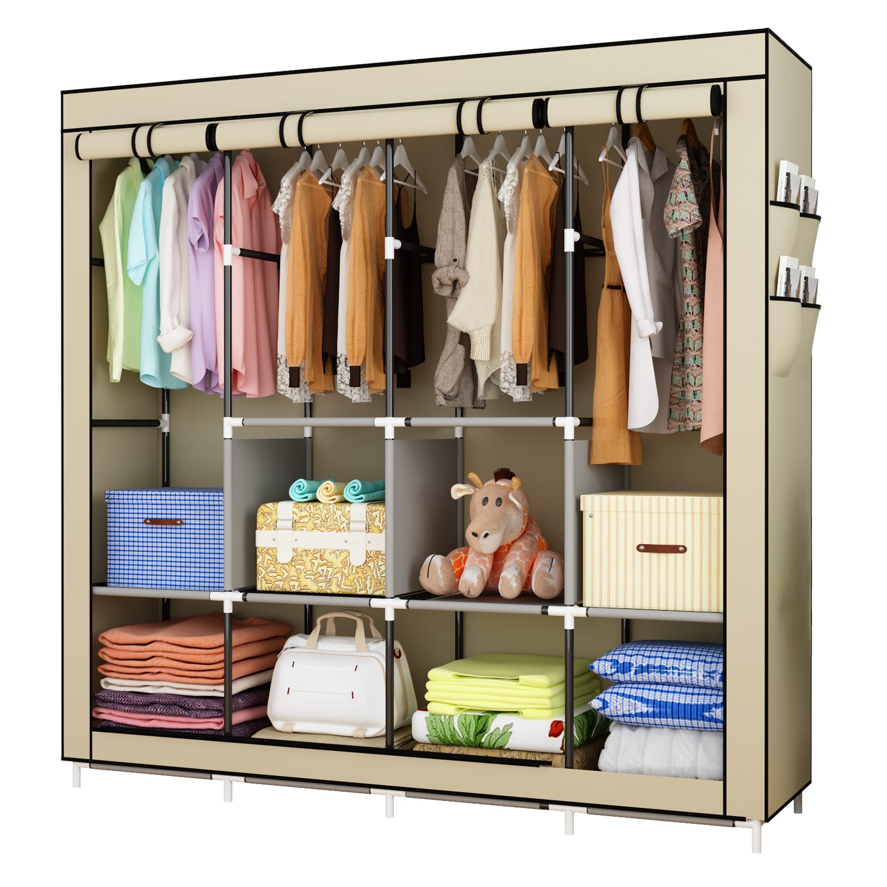 【送料無料】UDEAR 衣類 保管 キャビネット クローゼット 不織布 ワードローブ ポータブル 折りたたみ ダスト-プルーフ 家具 寝室 多目的 6 ストレージ シェルフ 4 ハンギング セクション 4 サイド ポケット 170*167*45 cm ベージュ