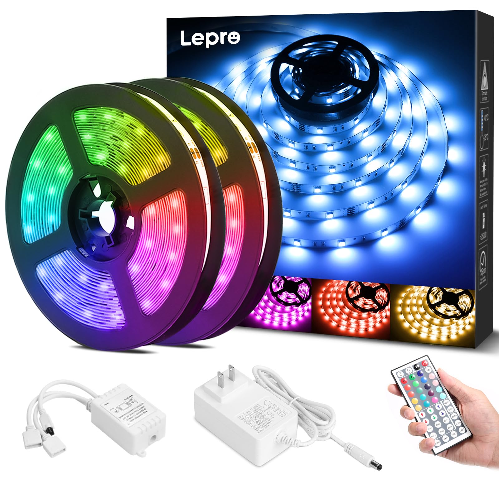 【送料無料】Lepro LEDテープライト ストリングライト キャビネットライト SMD 5050 両面テープ 10m (5m*2本) 300連 RGB 30leds/m 高輝度 44Kコントローラー 調光調色 切断可能 明るいライト 間接照明 12v電源 店舗 室内 廊下 カーテン キッチン キャビネット 装飾用