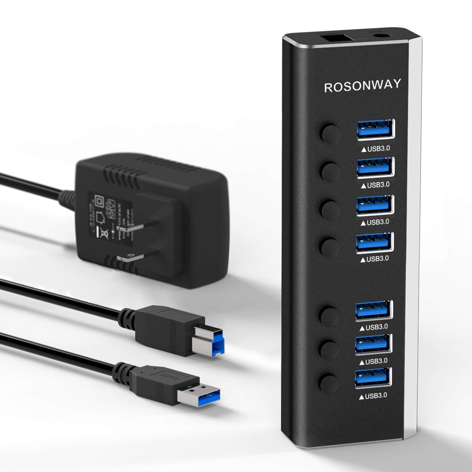 【送料無料】USBハブ 3.0 ROSONWAY アルミ製 7ポート USB3.0 Hub 24W電源付き バスパワーとセルフパワー両用 独立スイッチ 5Gbps高速転送、12V/2A ACアダプター(RSH-A37S)