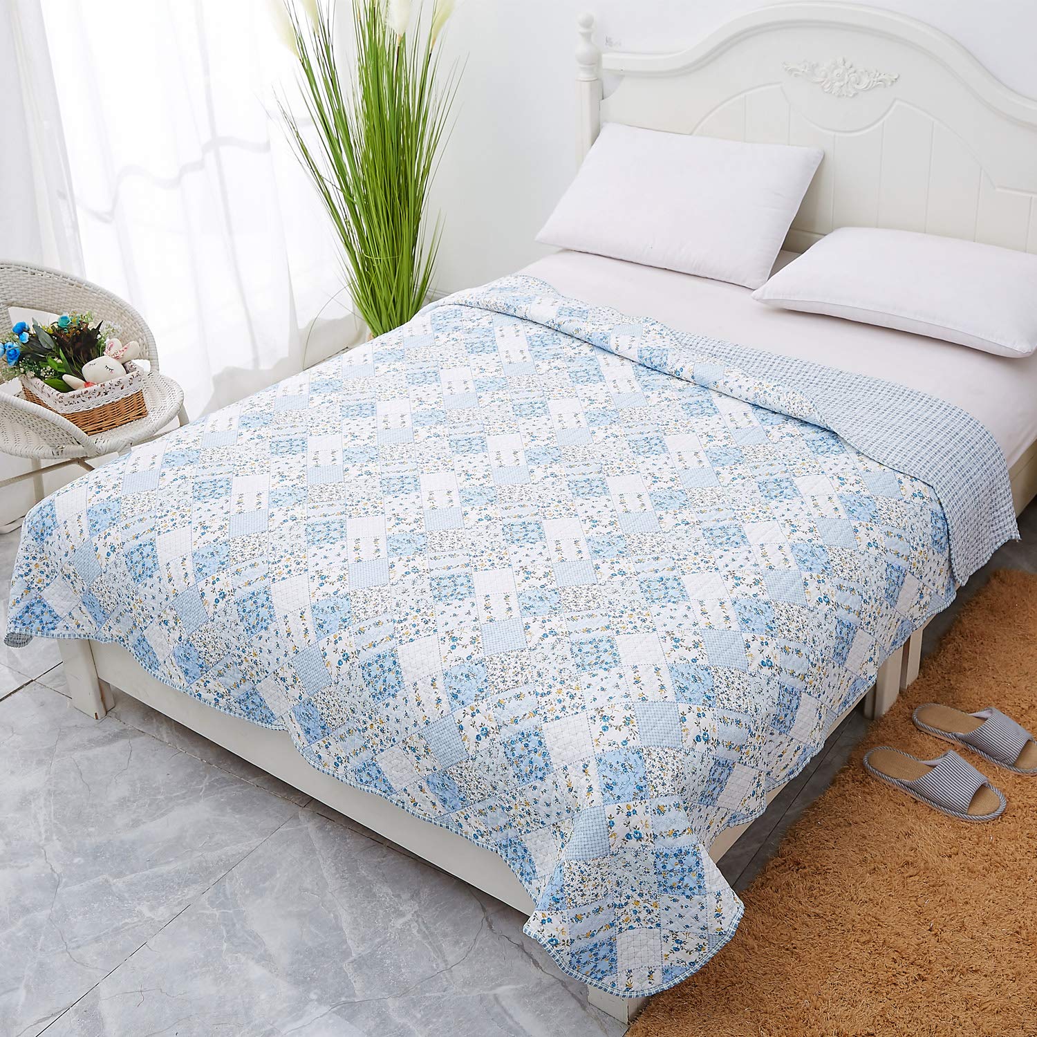 【送料無料】JEMA ジェマ キルトケット マルチカバー ベッドカバー ソファカバー こたつ中掛け 水洗いキルト リバーシブル 四季通用 約190X190cm チエック ブルー