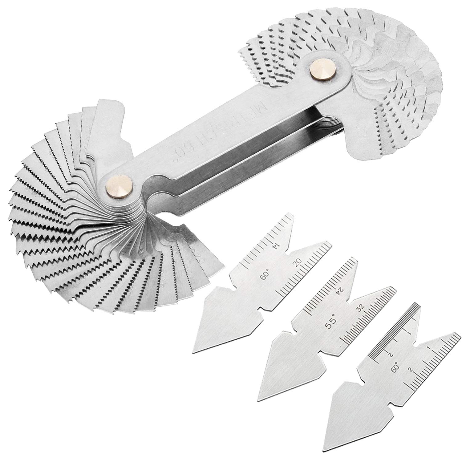 【送料無料】KIMLONTON 4ピースセットねじピッチゲージ スクリュー ピッチゲージ ツール センターゲージ 55°（インチ）と60°（メー トル法）と60°（米国位) 携帯型 測定ツールシルバー 収納ボックス付