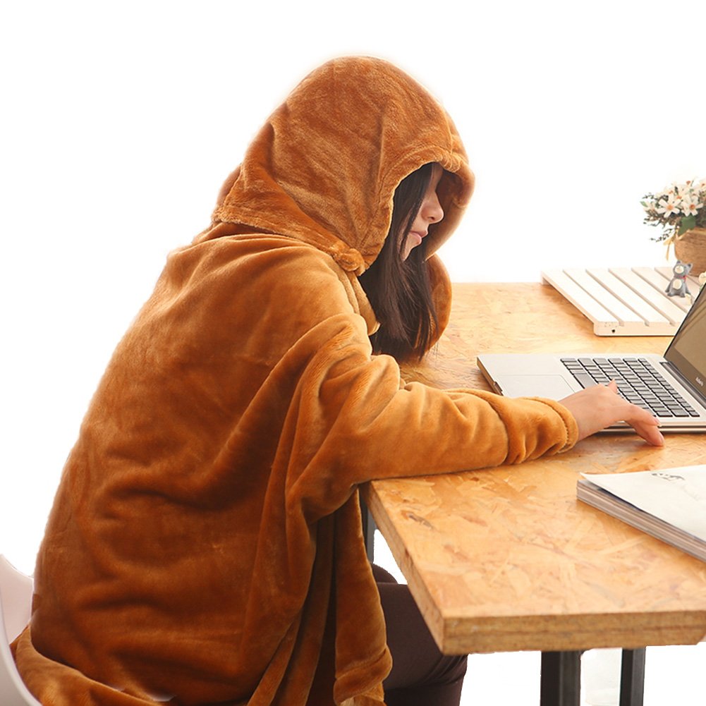 【送料無料】IKENOKOI 着る毛布マイクロファイバーフランネルふわふわポンチョボタンジッパー構造仕事勉強昼休み防寒学生可愛い（ゴールドベージュ）