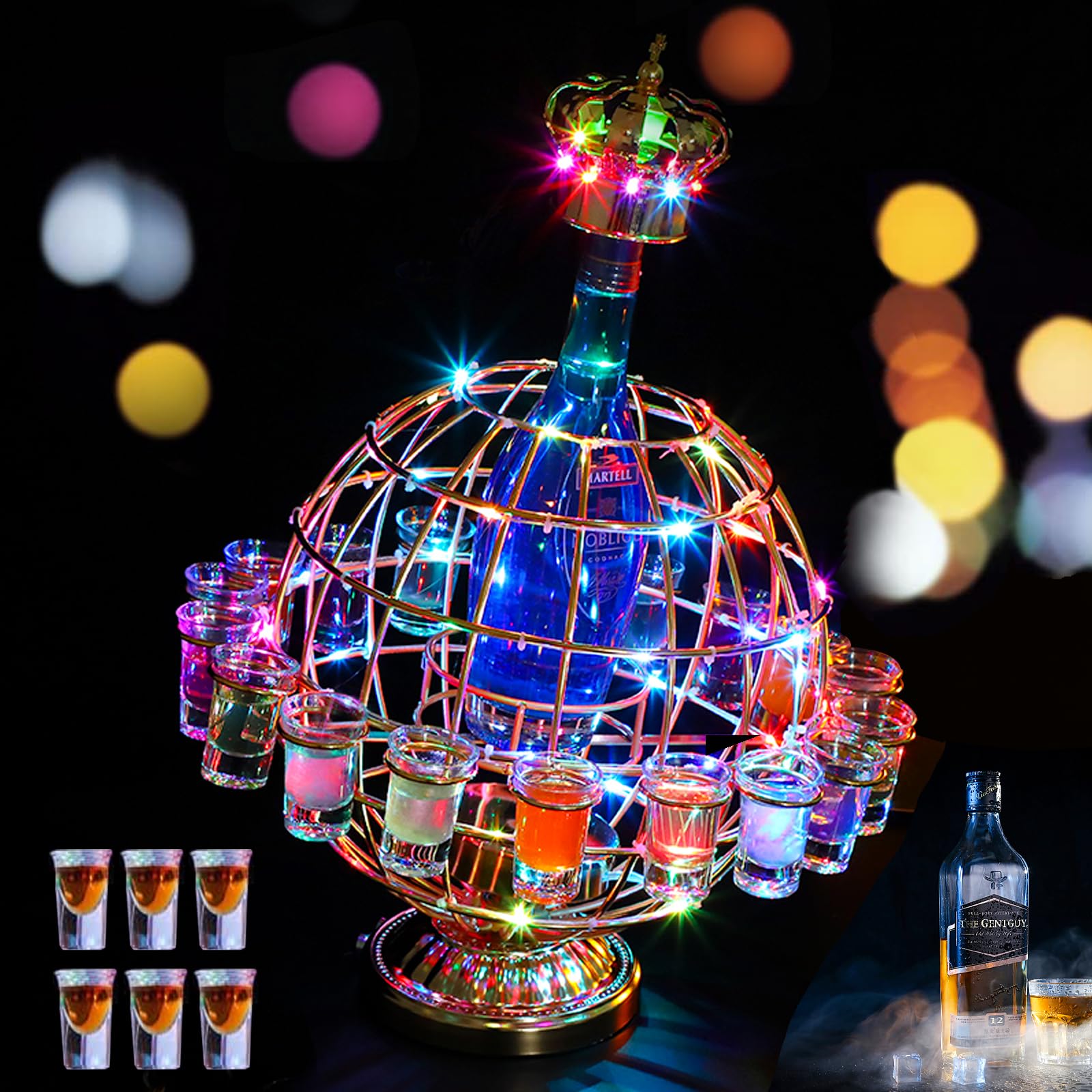 【送料無料】QuiExact テキーラ観覧車 12カップ テキーラ地球儀 回転可能 LED酒ボトルの表示棚 バーホ..