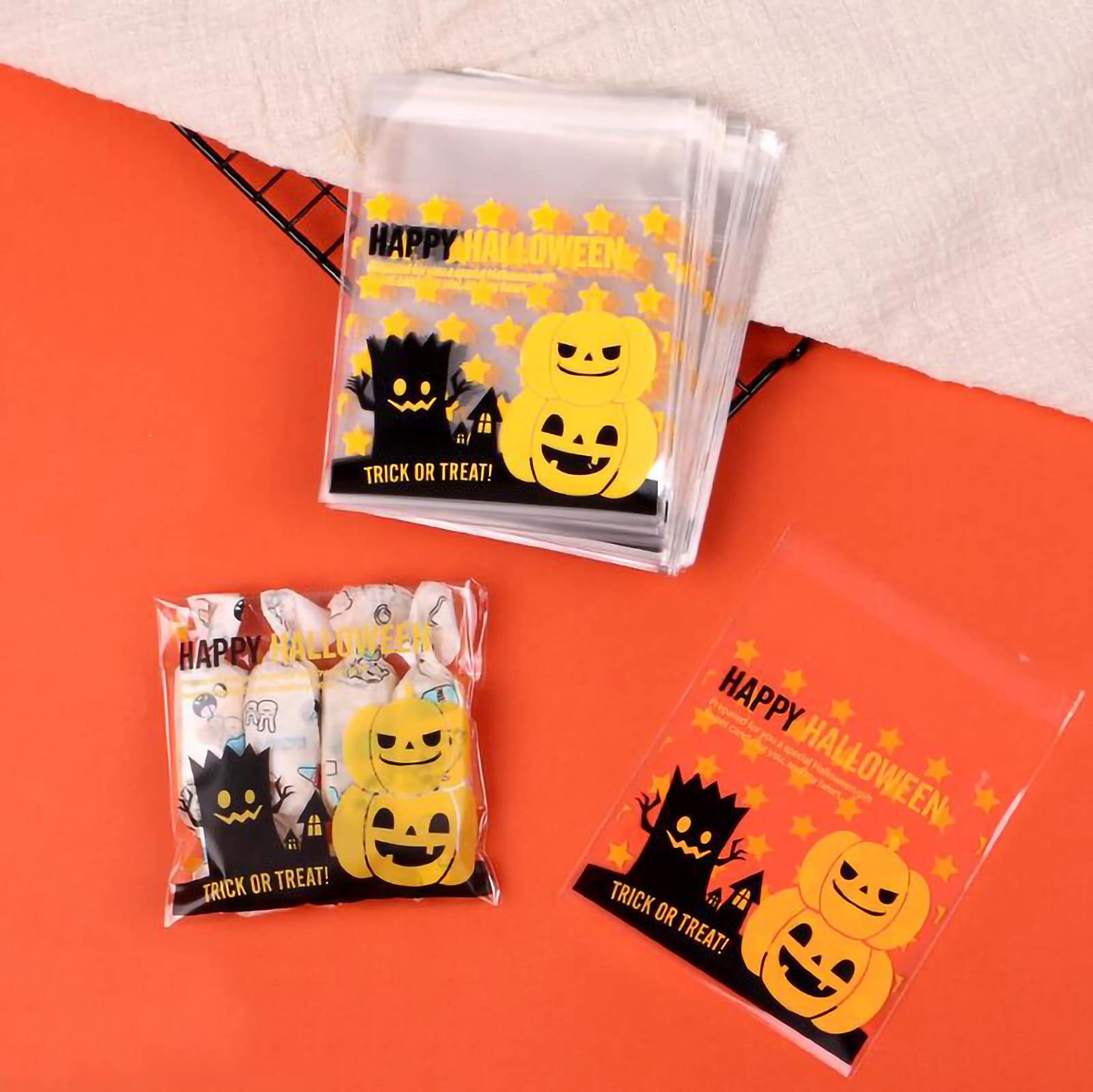 【送料無料】【BEAUTY PLAYER】ハロウィン ラッピング 袋 100枚入り 10*10+3CM キャンディー お菓子 チョコレート クッキー かぼちゃ 幽霊 小物入れ ギフトバッグ シール袋 自己接着 プレゼント（ハロウィン かぼちゃ）