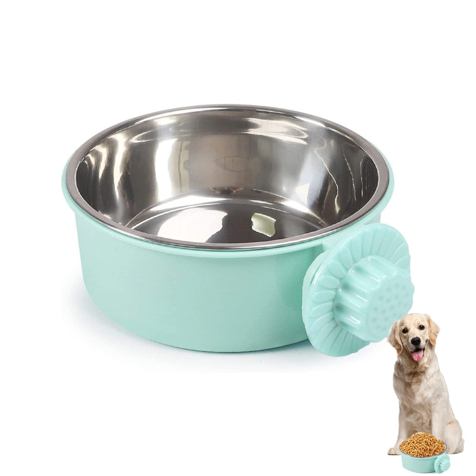 【送料無料】Kingsie ペットボウル ハンガー ゲージ用 フィーダー ステンレス製 取り外し可能 給食 給水器 餌入れ 猫 犬 うさぎ 小動物用 食器 (グリーン)