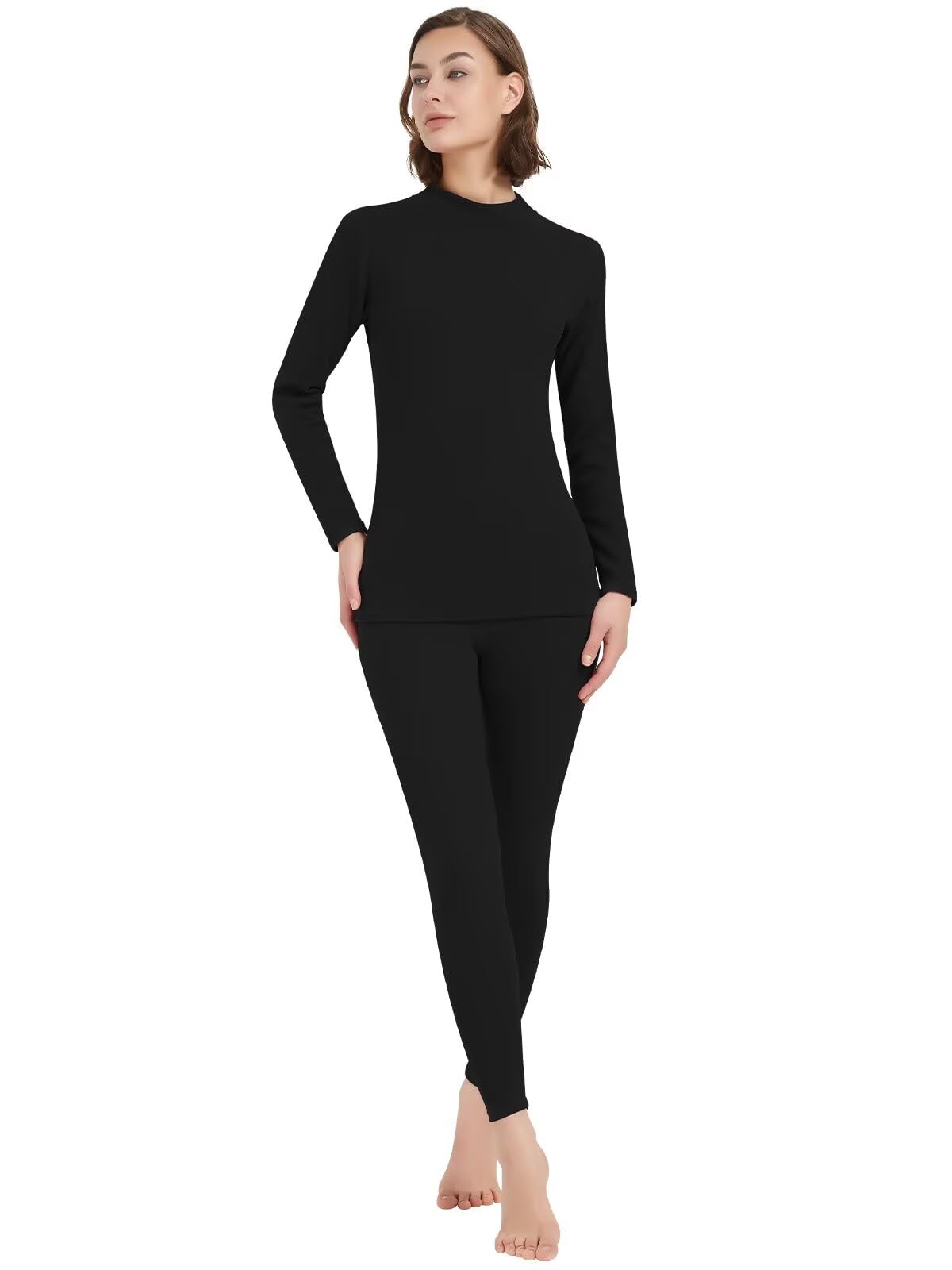 【送料無料】[Sillictor] 防寒インナー レディース 上下セット 裏起毛 ヒートテック ハイネック あったかインナー 上下 アンダーシャツ + ロングタイツ 保温 インナーウェア 【ウールとシルク入り】 冬用 GLW02-blk-L（日本サイズS）