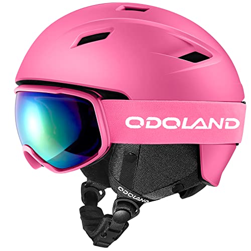 【送料無料】Odoland スキーヘルメットセット ゴーグル付き スノーボードヘルメット ダイヤル式サイズ調整 メガネ対応 ダブル球面レンズ 防風 曇り止め 耐衝撃 UVカット 男女兼用 大人・ジュニア・子供用 ピンク S