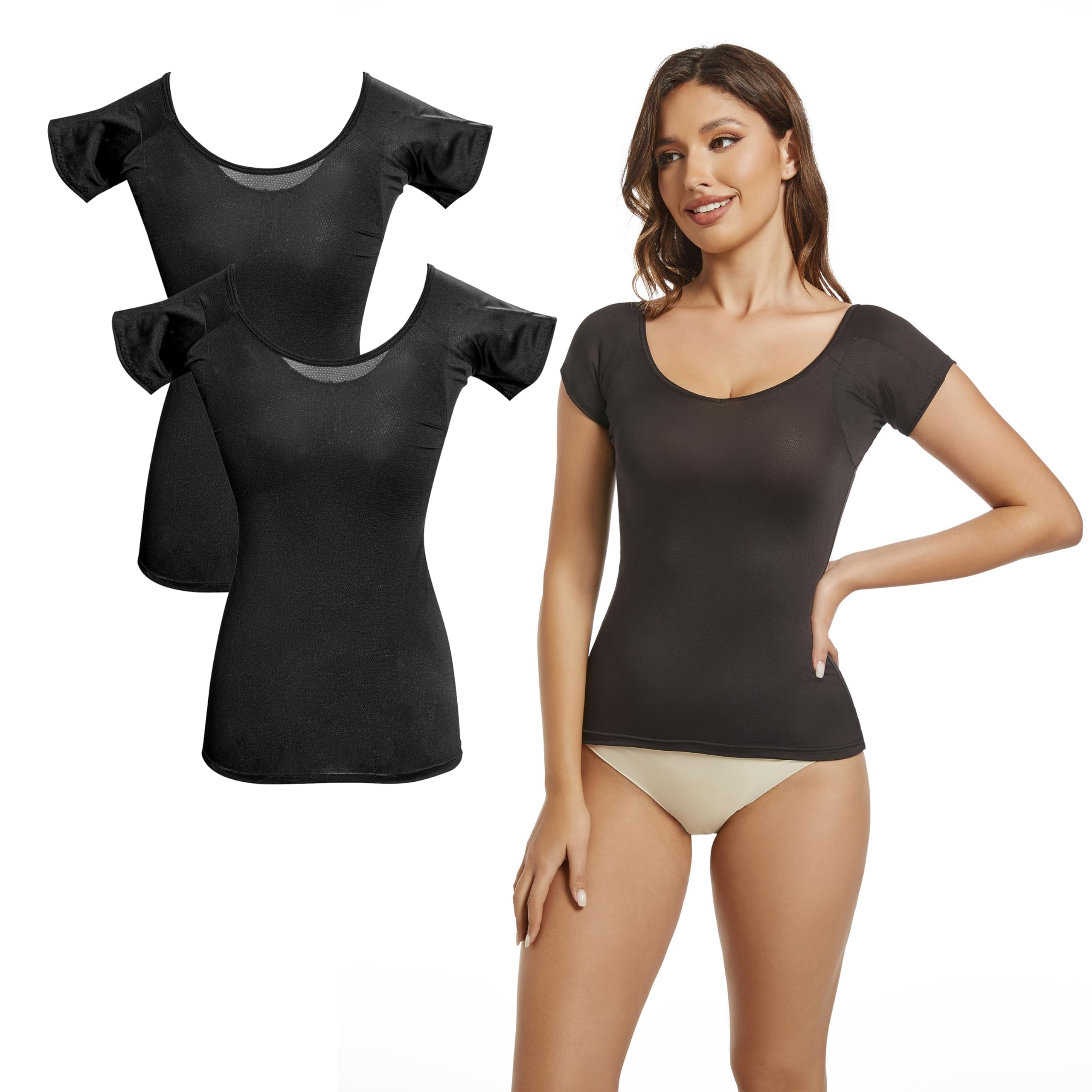 【送料無料】[VAVIICLO] インナーシャツ 脇パッド付き メッシュ素材 汗取りインナー レディース 汗取りパッド付き 吸汗速乾 消臭 清潔な裏地 抗菌 肌触りの良い ブラック2枚セット サイズS/M/L/LL (LL)