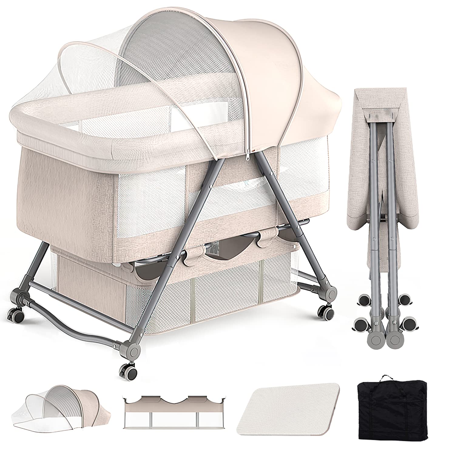 【送料無料】UBRAVOO ベビーベッド ゆりかご 折りたたみ 組み立て簡単 添い寝ベッド ベビーラック コンパクト 携帯便利 収納便利 洗濯可能 キャスタ付き 通気性 蚊帳・収納かご・マット・収納バッグ 新生児 0ヶ月~24ヶ月 出産祝い プレゼント (カーキ色)